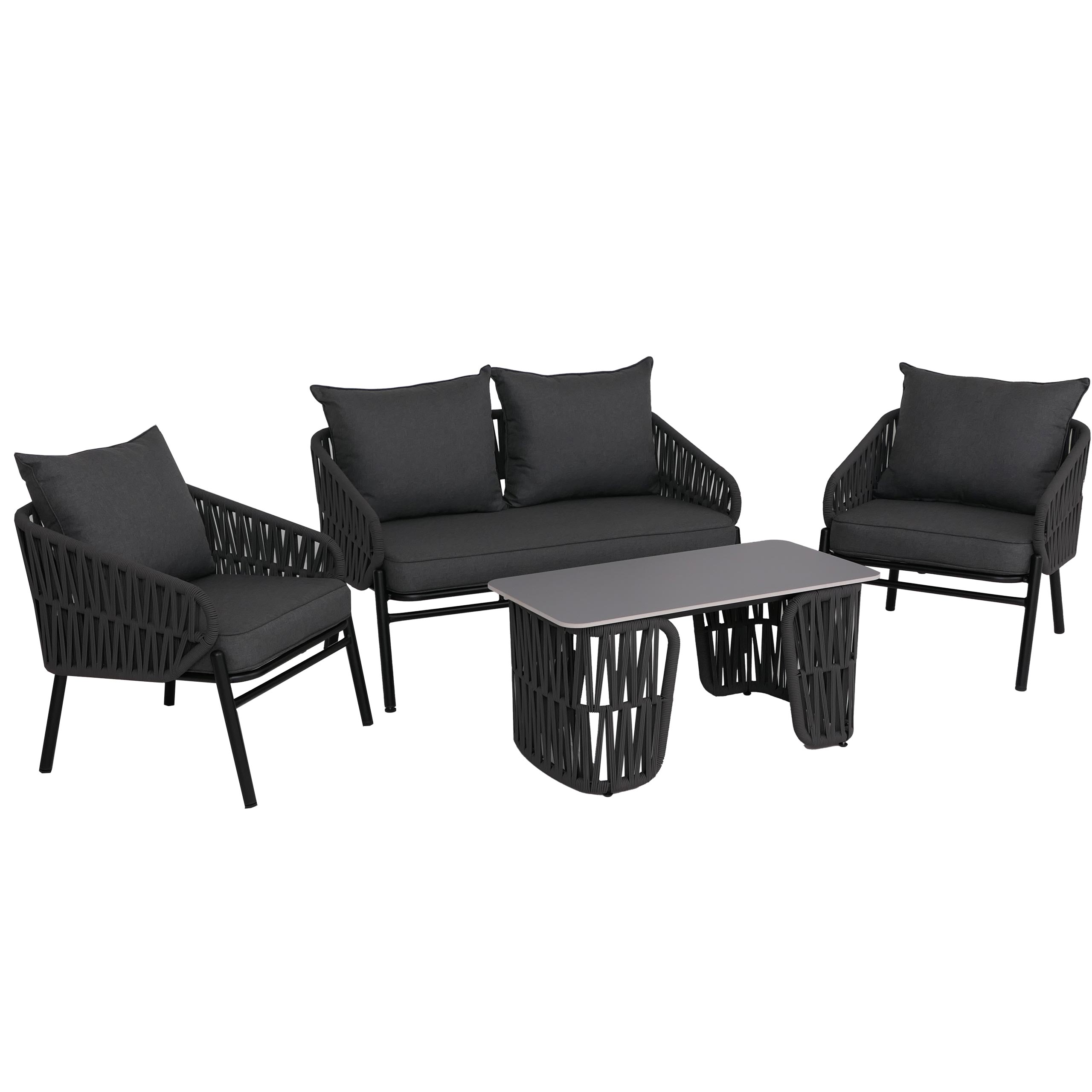 Zestaw ogrodowy HWC-P90, zestaw wypoczynkowy Sofa ogrodowa Fotel Stół, plecionka linowa Tkanina/materiał (180 g/m²) ~ antracyt