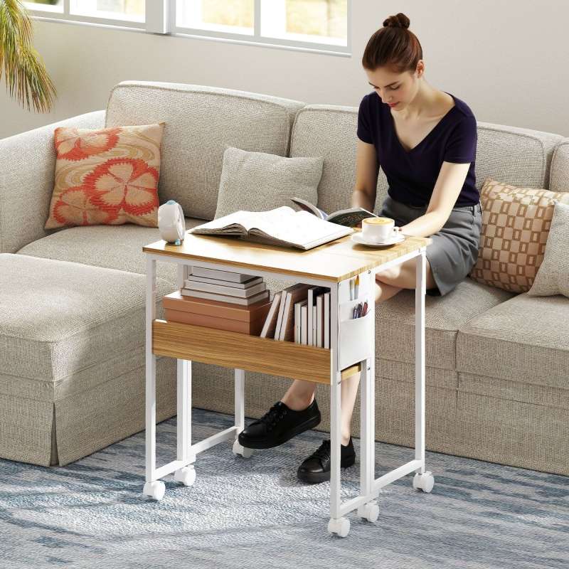 Bureau pliant compact avec roulettes, table d’ordinateur pratique avec étagère et rangement, meuble gain de place pour home office - 2