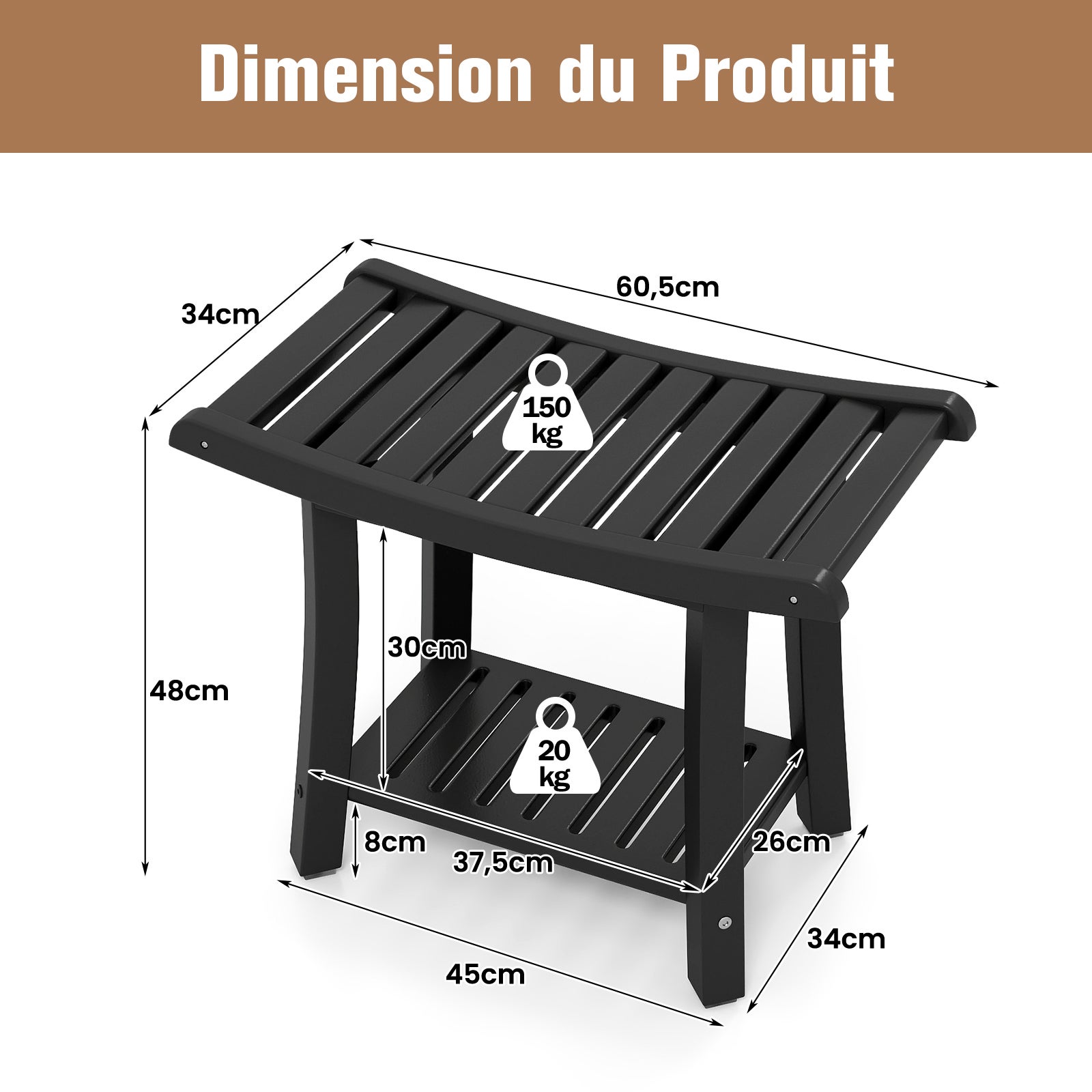 Tabouret Salle de Bain 2 Niveaux en PEHD Étanche, Banc de Douche Antidérapants Siège Incurvé pour Enfants et Adultes Charge 150kg, Noir - 6