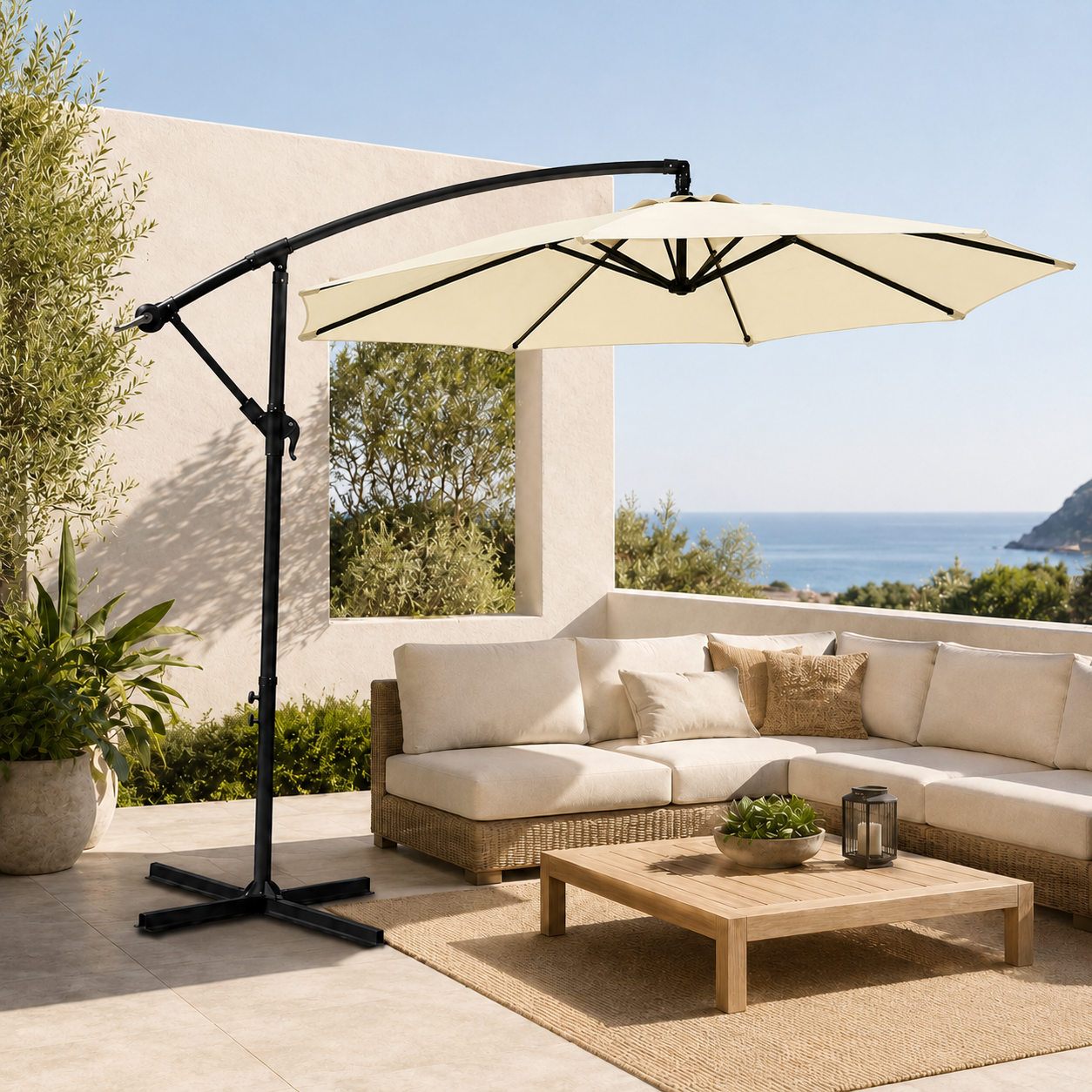 Parasol latéral 3 mètres inclinable 360° avec mât et manivelle beige sans base - 8