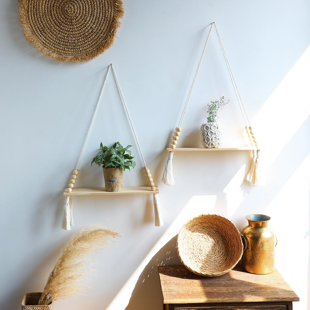 Lot de 2 étagères murales en bois - Étagère suspendue en macramé avec pompon, étagère flottante de rangement bohème, support pour plantes suspendu - 5