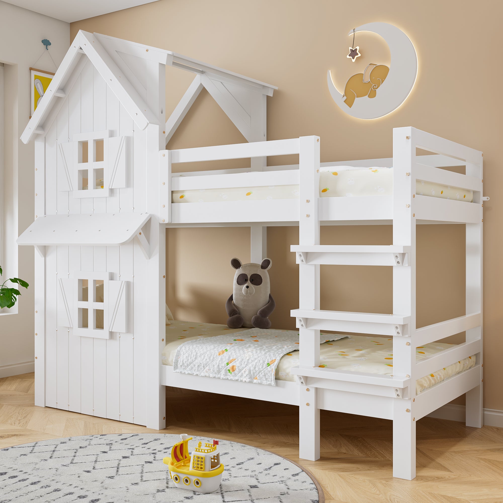 Łóżka piętrowe 2 x 90 x 200 cm z oknami i dachem - Sosna + MDF + PB + sklejka - Białe (Bez materaca)