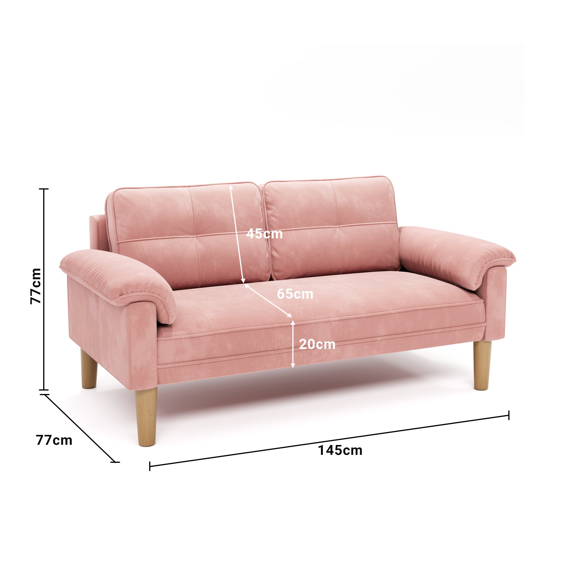 Canapé 2 places Rose en tissu,design scandinave,assise confortable,pieds en bois,pour salon et petit espace,145 x 77 x 77 cm - 3