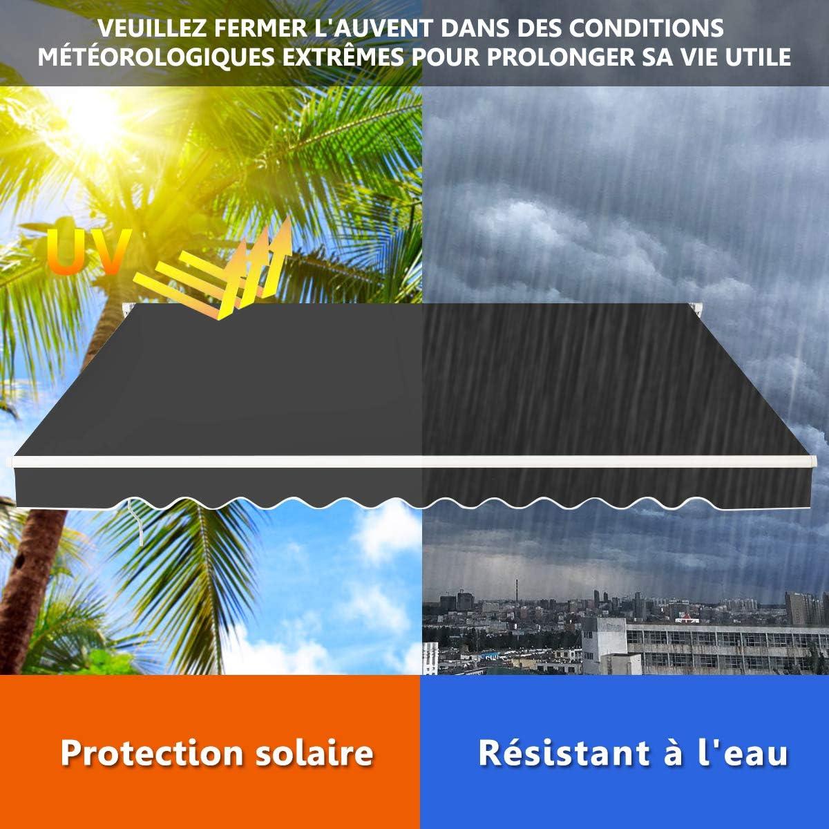 Store Banne de Balcon Rétractable avec Tissu Résistant aux UV et à l'eau, Cadre en Aluminium, Réglable 5-35°,3 x 2,5 m, Gris - 5