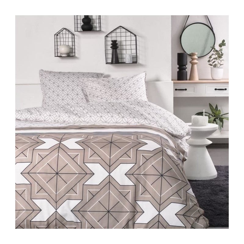 Parure De Lit STOF Amourette – Blanche Et Beige – 240x260 Cm – Housse + 2 Taies