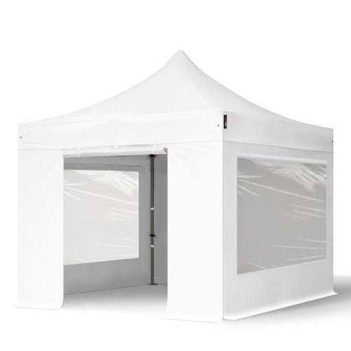 3x3 m gazebo pieghevole PVC ignifugo con 4 laterali (finestre panoramiche), PREMIUM acciaio, bianco