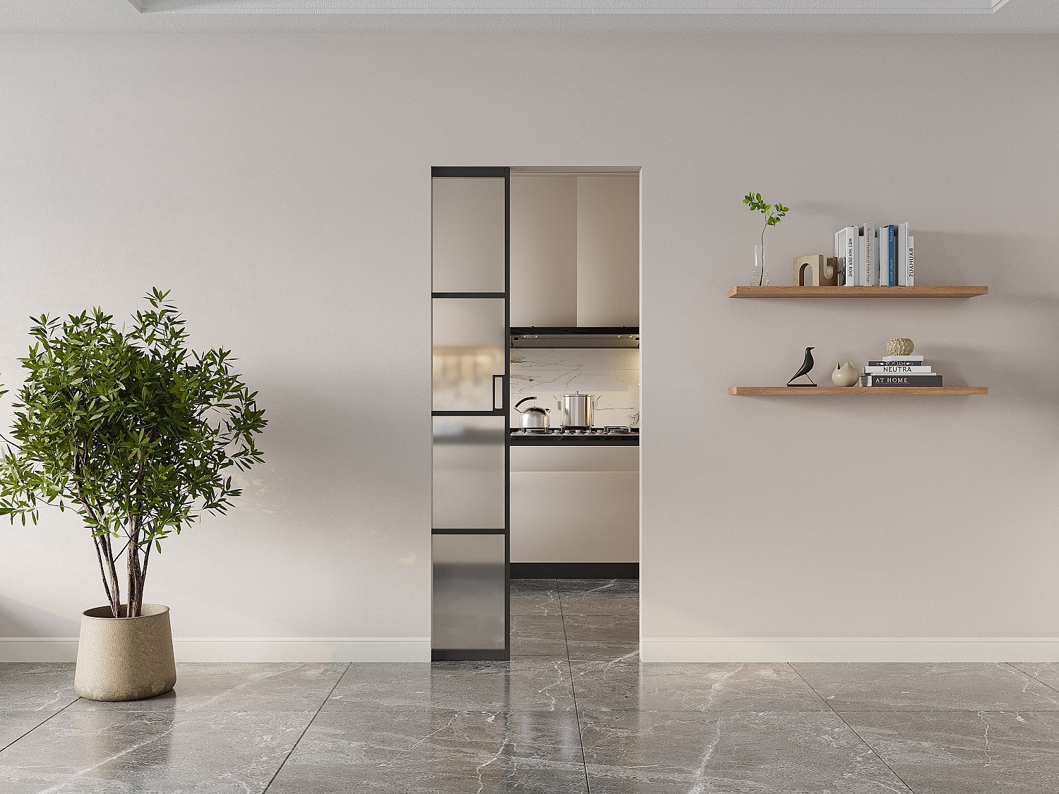 Porta scorrevole con sistema a incasso H205 x L93 cm Alluminio e Vetro temperato smerigliato - SINCA II - 2
