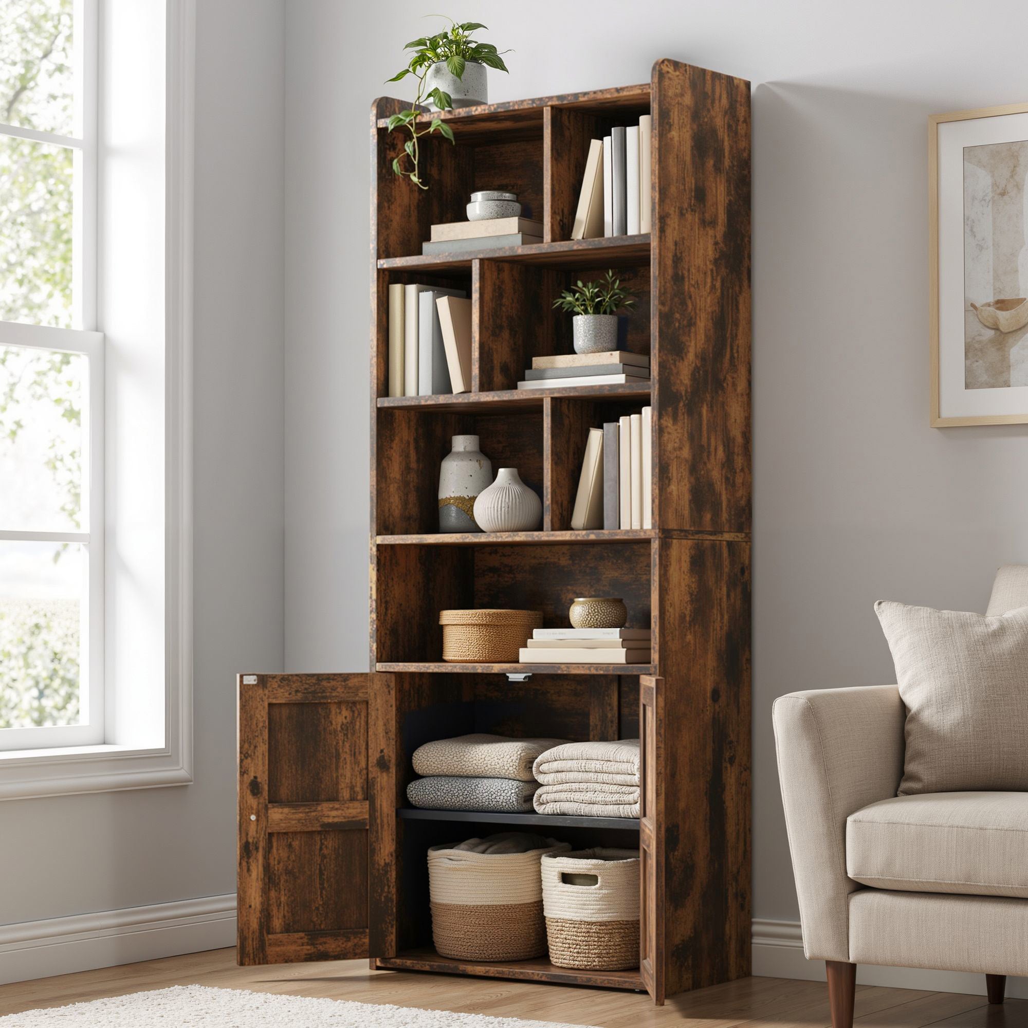 YITAHOME Bibliothèque 4 Étagères, Portes et Compartiments, Marron 60x30x159cm - 2