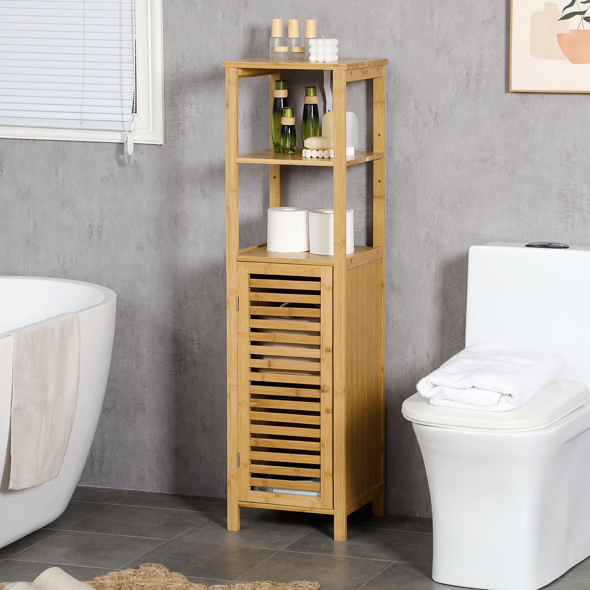 Organisateur Salle Bain Naturel COSTWAY Colonne Salle De Bain, Armoire Haute à 4 Portes Avec 2 Armoire étagère Réglable Porte Lattes