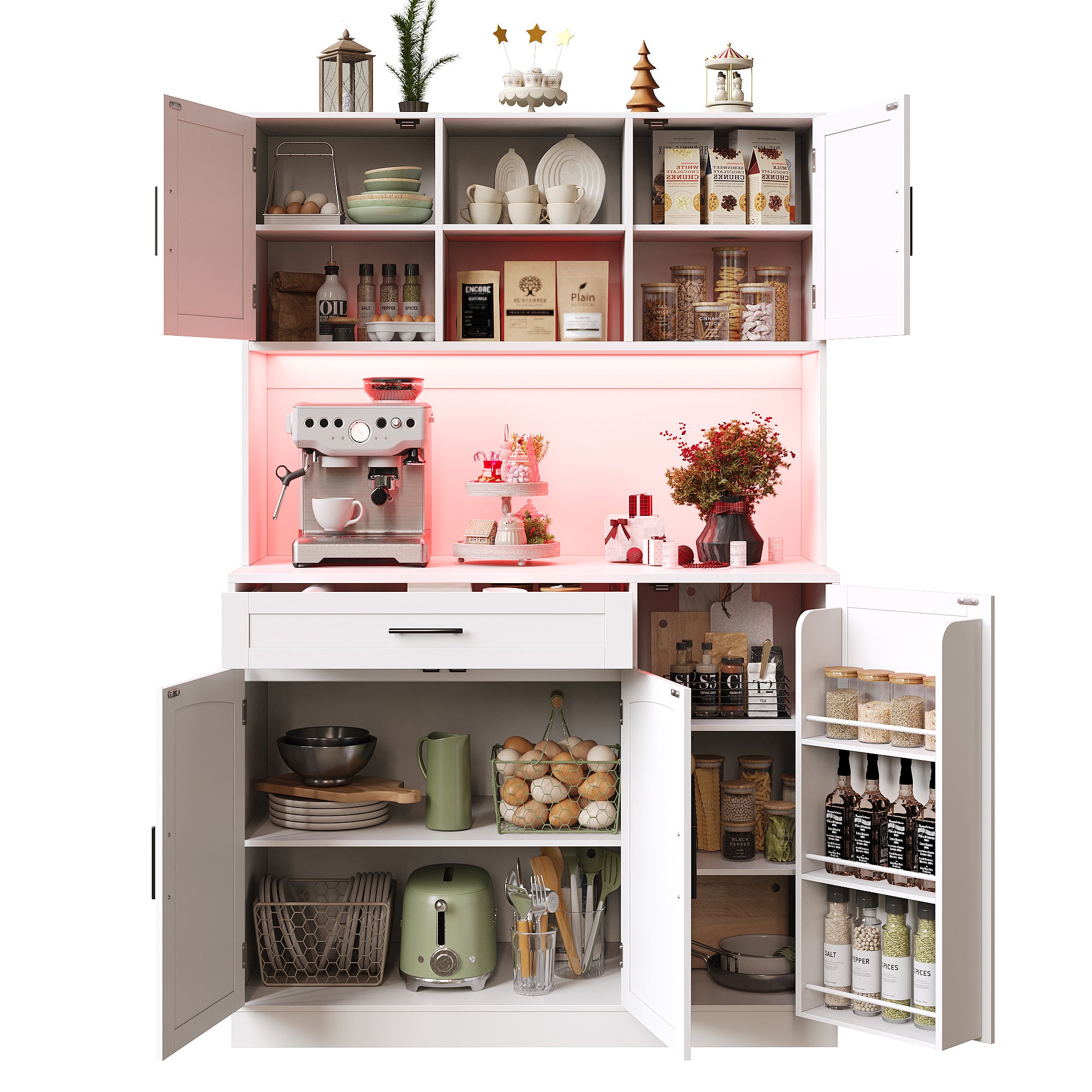 Kredens kuchenny z 5 drzwiami, 1 szufladą i 2 otwartymi przegrodami - 110 x 38 x 180 cm - diody LED i port ładowania - płyta MDF - biały - 9