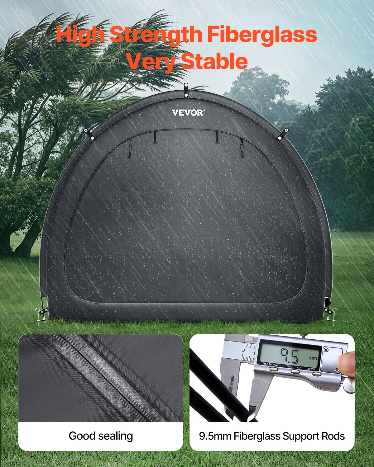 Abri à vélos VEVOR 4–5 vélos Tente Oxford 210D, Ouvertures latérales doubles (2 panneaux, fermetures éclair + velcro), Poteaux fibre de verre - 4