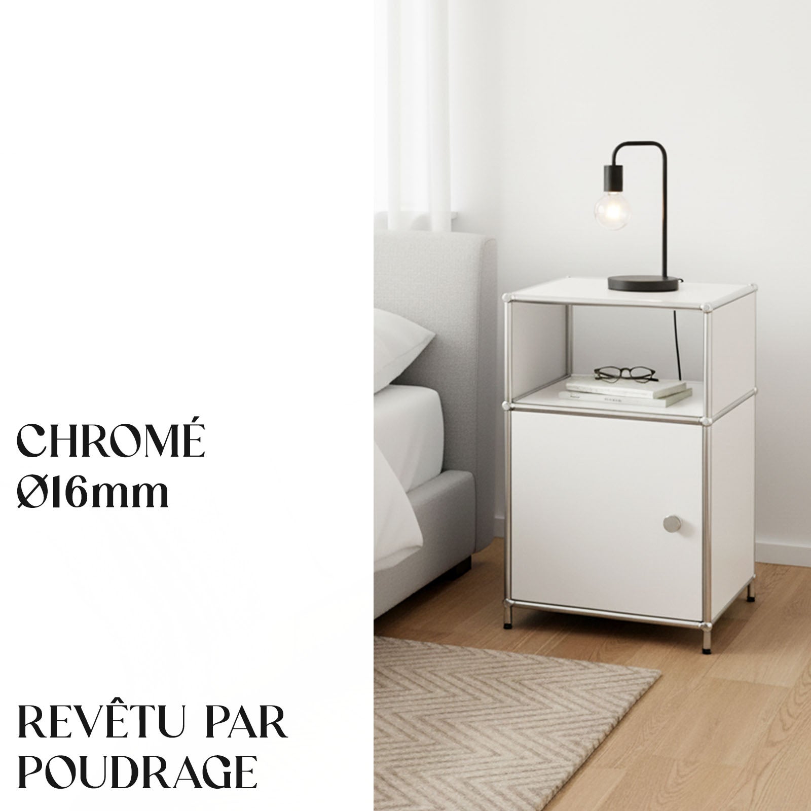 Étagère métal chromé design épuré, Concept Epuré MK-040 : 3 étages, 40 x 40 x 65 cm, Blanc - 4