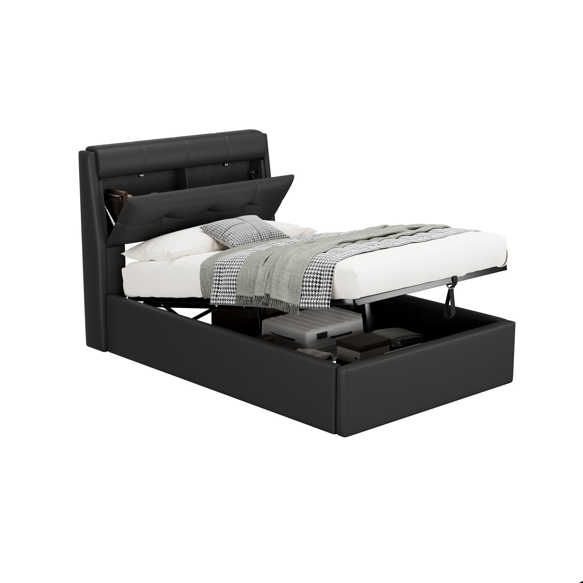 Lit coffre 90 x 200 cm avec tête de lit rangement - LEDs - Cuir PU - Noir (sans matelas) - 6