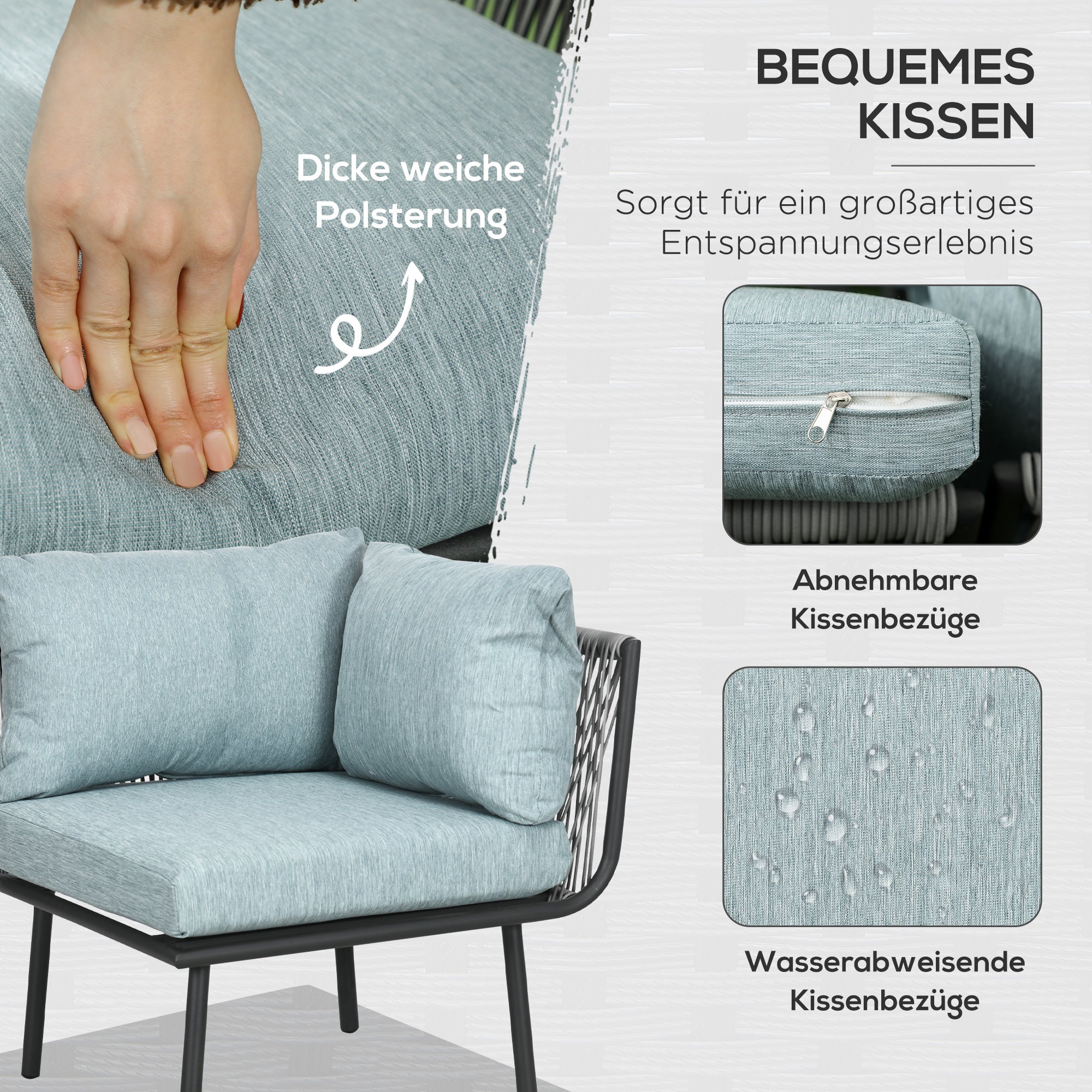 Un ensemble de mobilier de jardin en rotin quatre pièces, comprenant des chaises rembourrées, deux causeuses, un canapé d'angle et une table basse ; u - 5