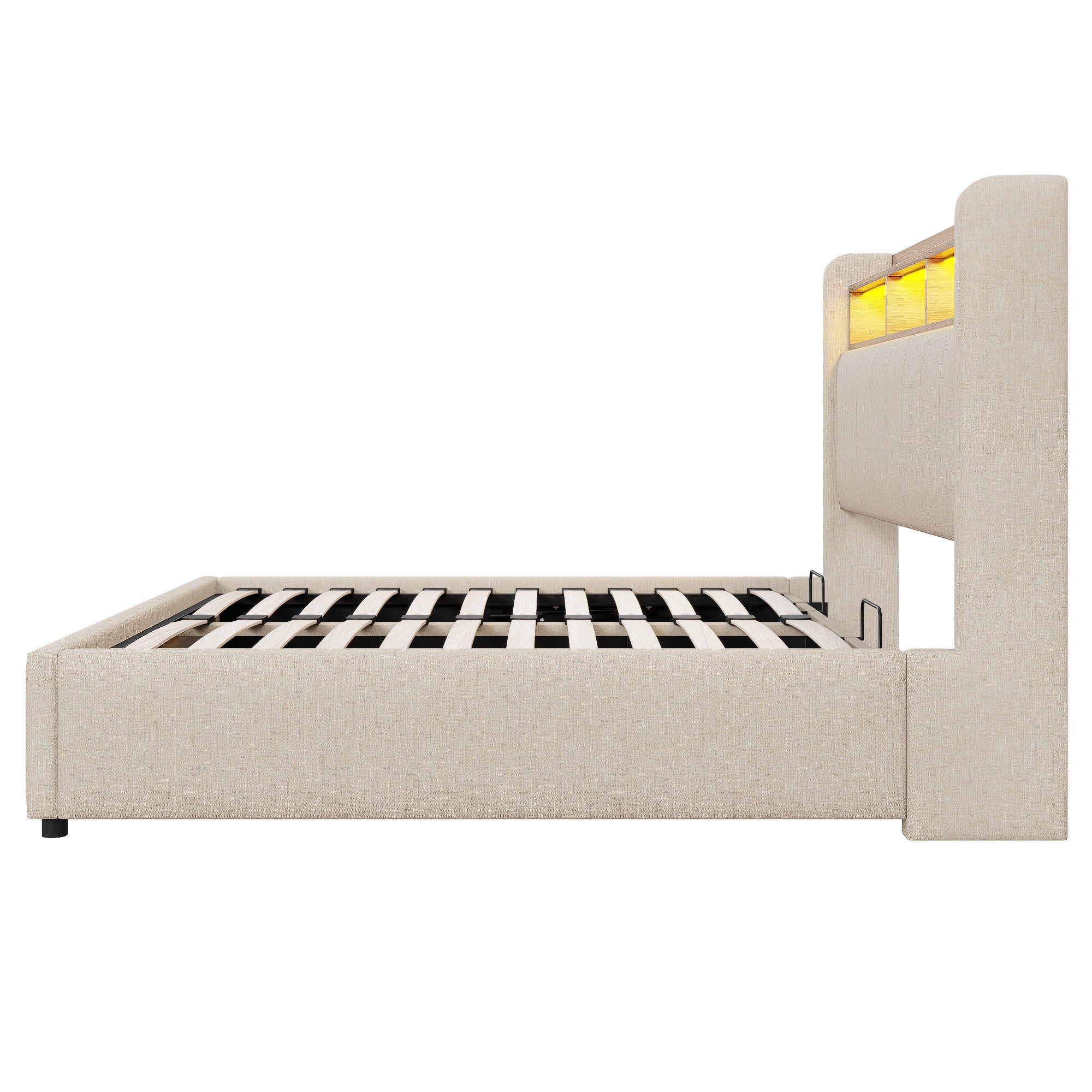 Lit double Lit coffre 140x200 cm avec LED et USB, tête de lit avec rangement, lin beige, sans matelas - 8