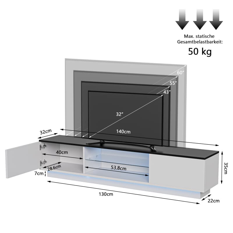 Meuble TV moderne, 140 cm, style minimaliste blanc avec éclairage LED, meuble de rangement et de commande pour le salon. - 5