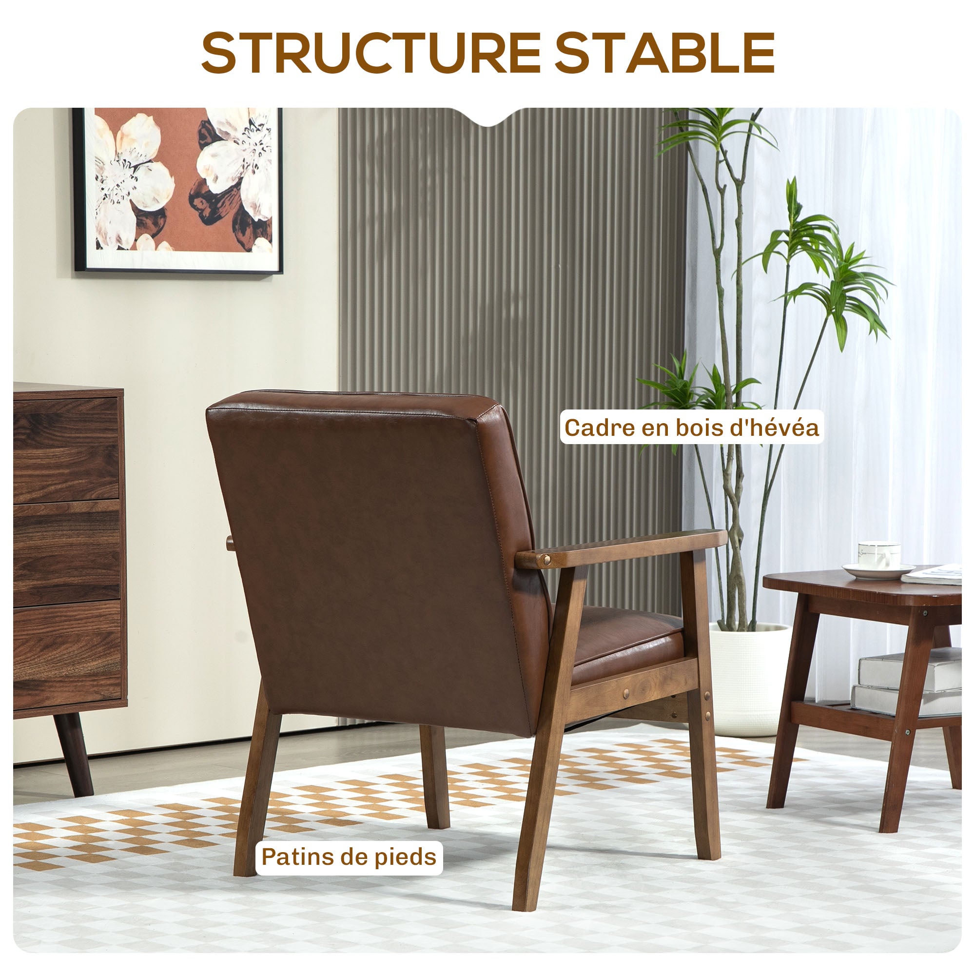 Fauteuil de salon, fauteuil de chambre en cuir synthétique, dossier capitonné, pieds en bois massif, 64x73x81cm, marron - COMFORTXL - 7