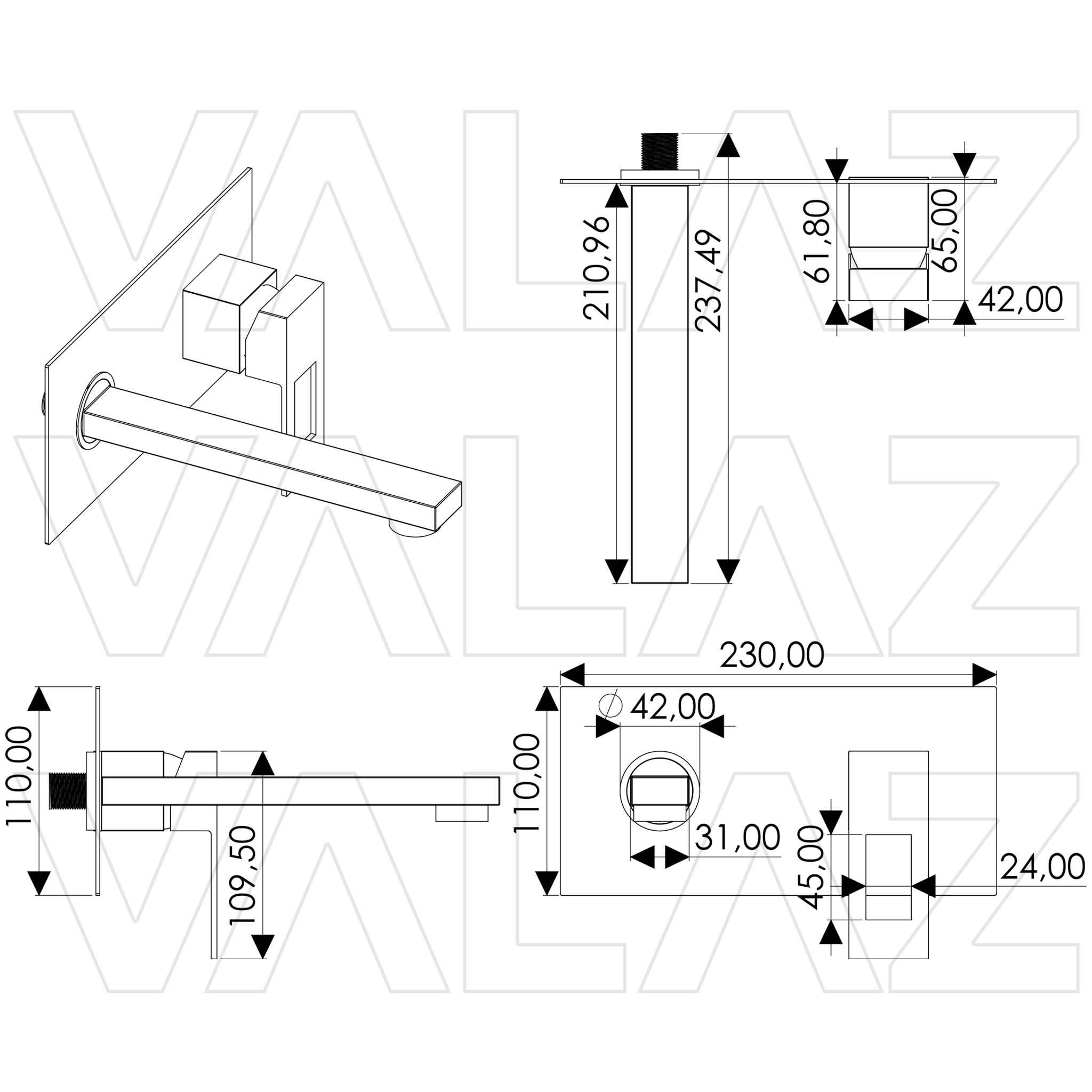Valaz Rubinetto lavabo da incasso quadrato monocomando con bocca nera opaca da 21 cm - Serie Tormes - 2