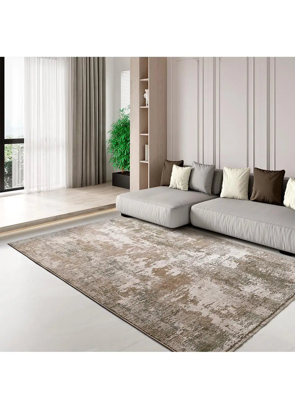 Tapis intérieur beige / vert rectangulaire l.200 x L.290 cm ONA abstrait avec franges - ATTICGO - 8