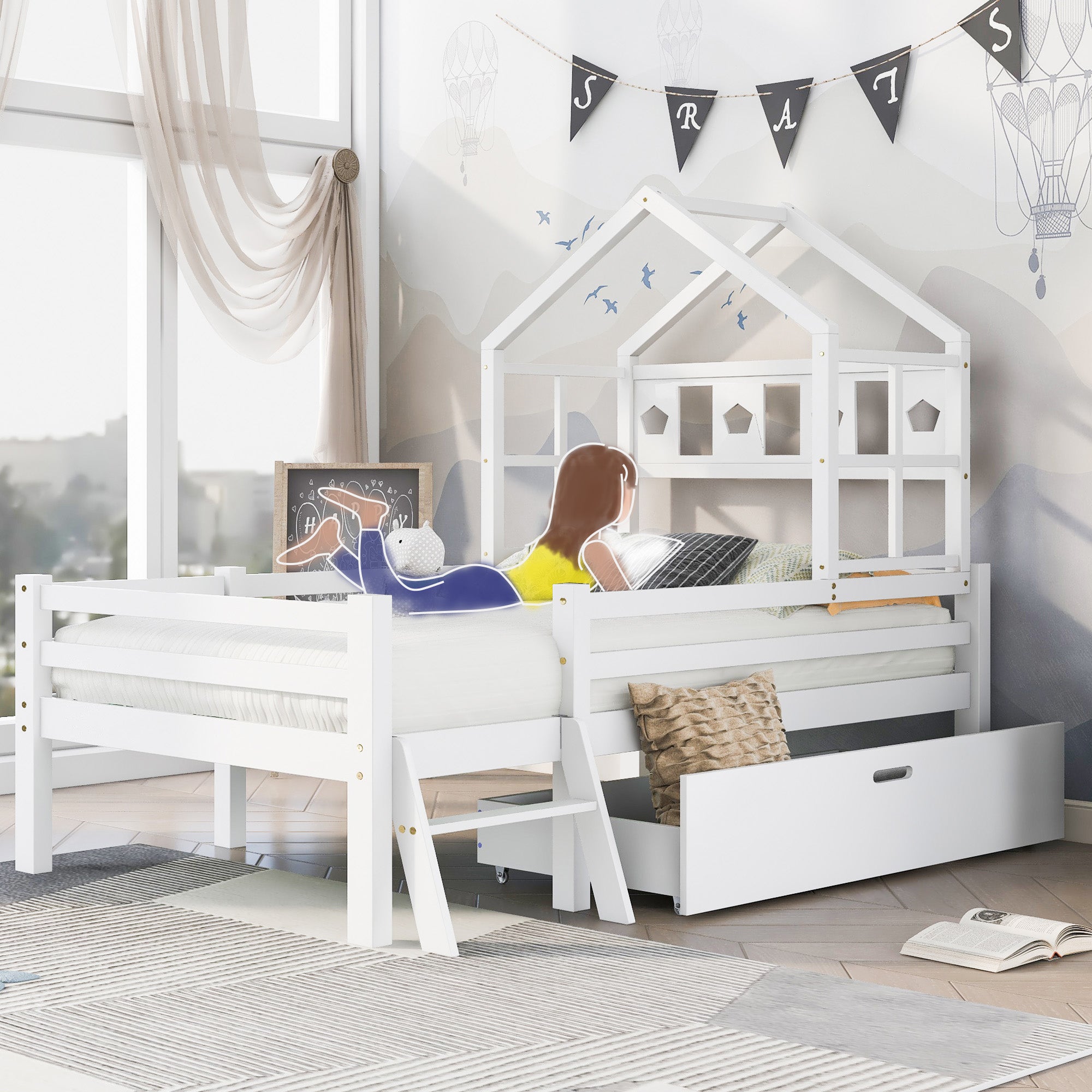 Lit d'enfant 90x200 avec sommier et tiroir - Bois massif Pin - Protection anti-chute - Escalier sûr