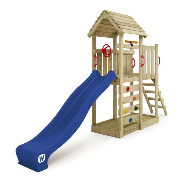 Wickey Aire de jeux Portique bois JoyFlyer avec toboggan avec bac à sable, échelle d'escalade & accessoires de jeux - bleu