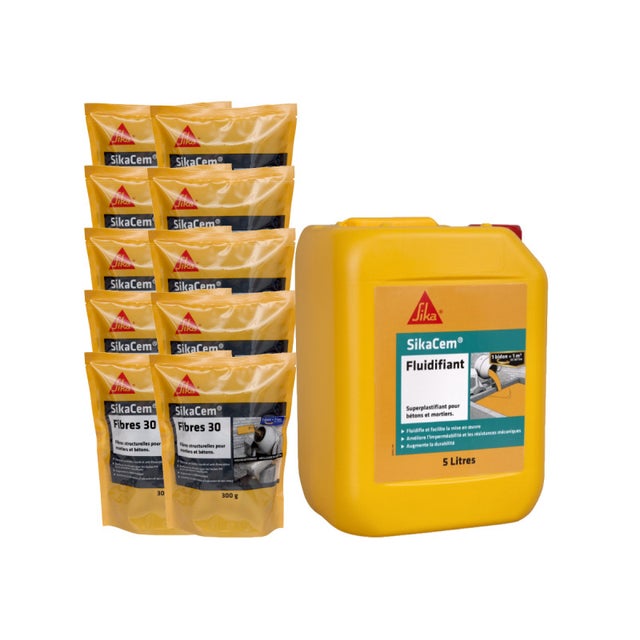 Pack Maçonnerie SIKA - 10x SikaCem Fibre 30 300g - Fluidifiant SikaCem 5L