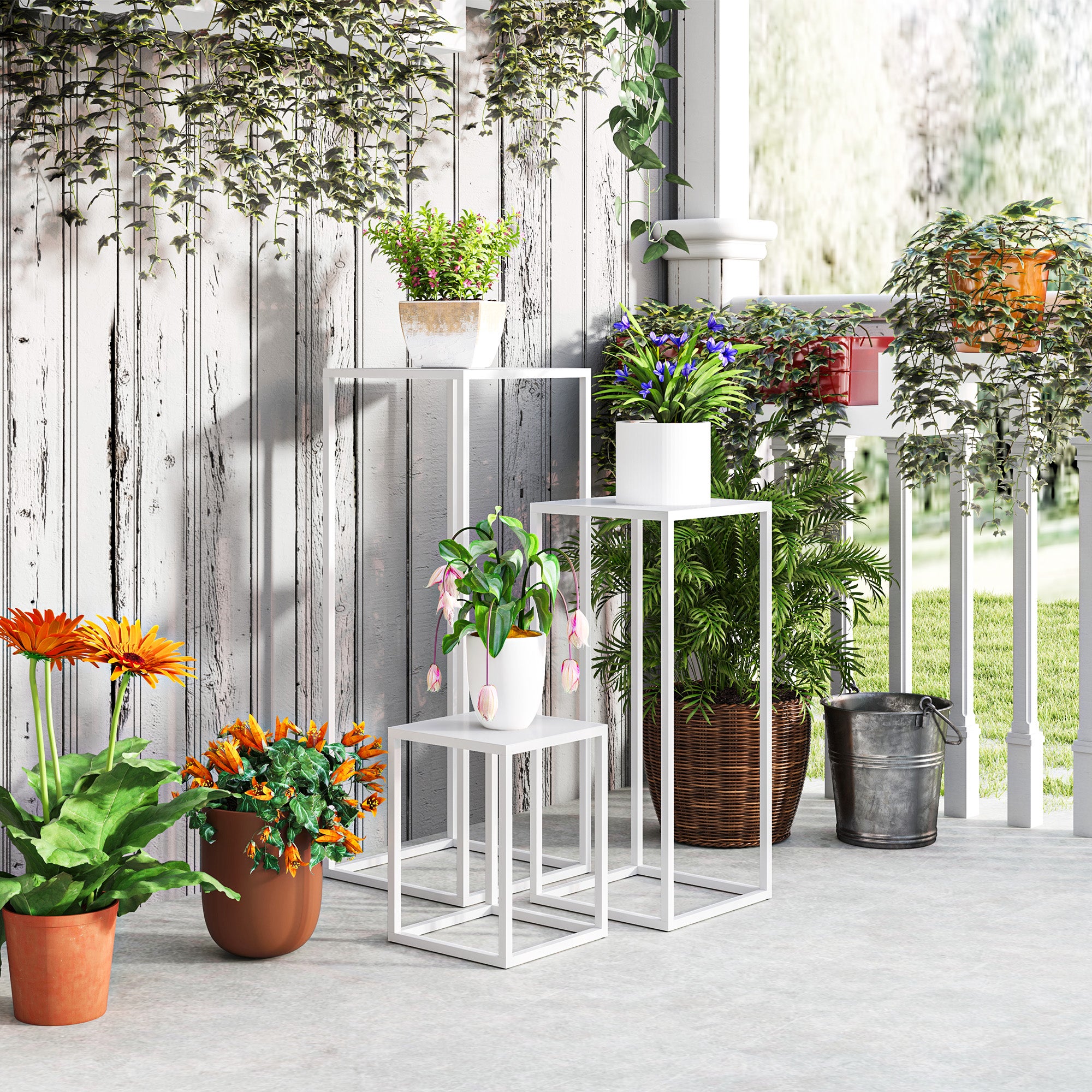 Ensemble de 3 supports à plantes carrés en métal, empilables, intérieur extérieur, jardin, balcon, maison, blancs - 6