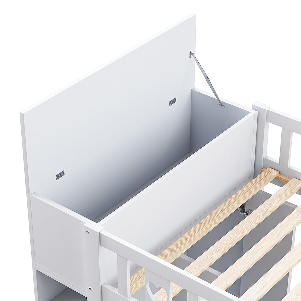 Letto a soppalco, 90*200 cm, scala di contenimento, ripiani, armadietti a cerniera, zona spogliatoio sotto il letto, maniglie d'amore, bianco - 6