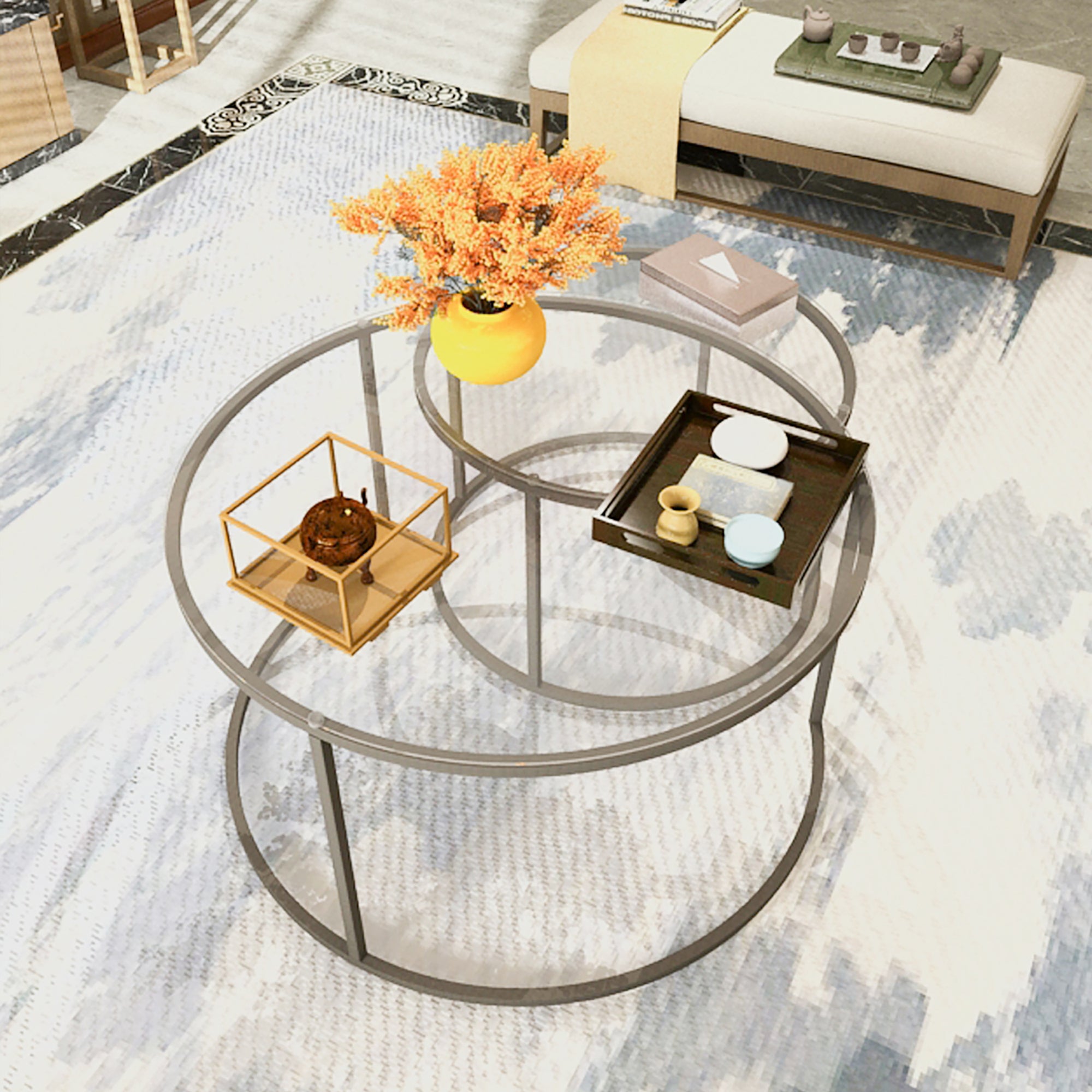 Set de 2 mesas de centro nido Kokkola Metal/Vidrio templado Ø80x45 cm Negro Transparente [en.casa] - 4