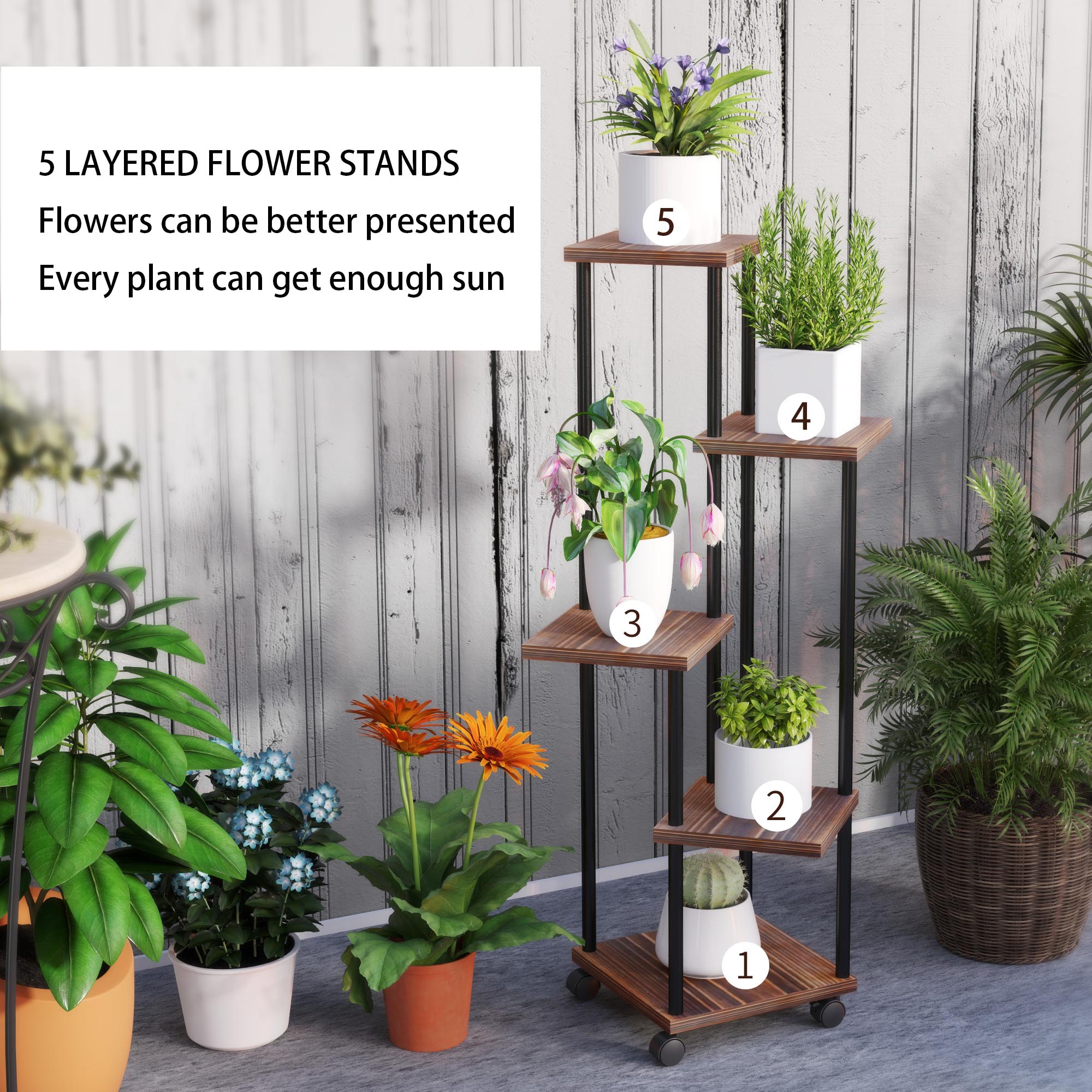 Étagère plantes 5 niveaux avec roulettes, support fleurs intérieur extérieur en acier et bois 110cm - 6