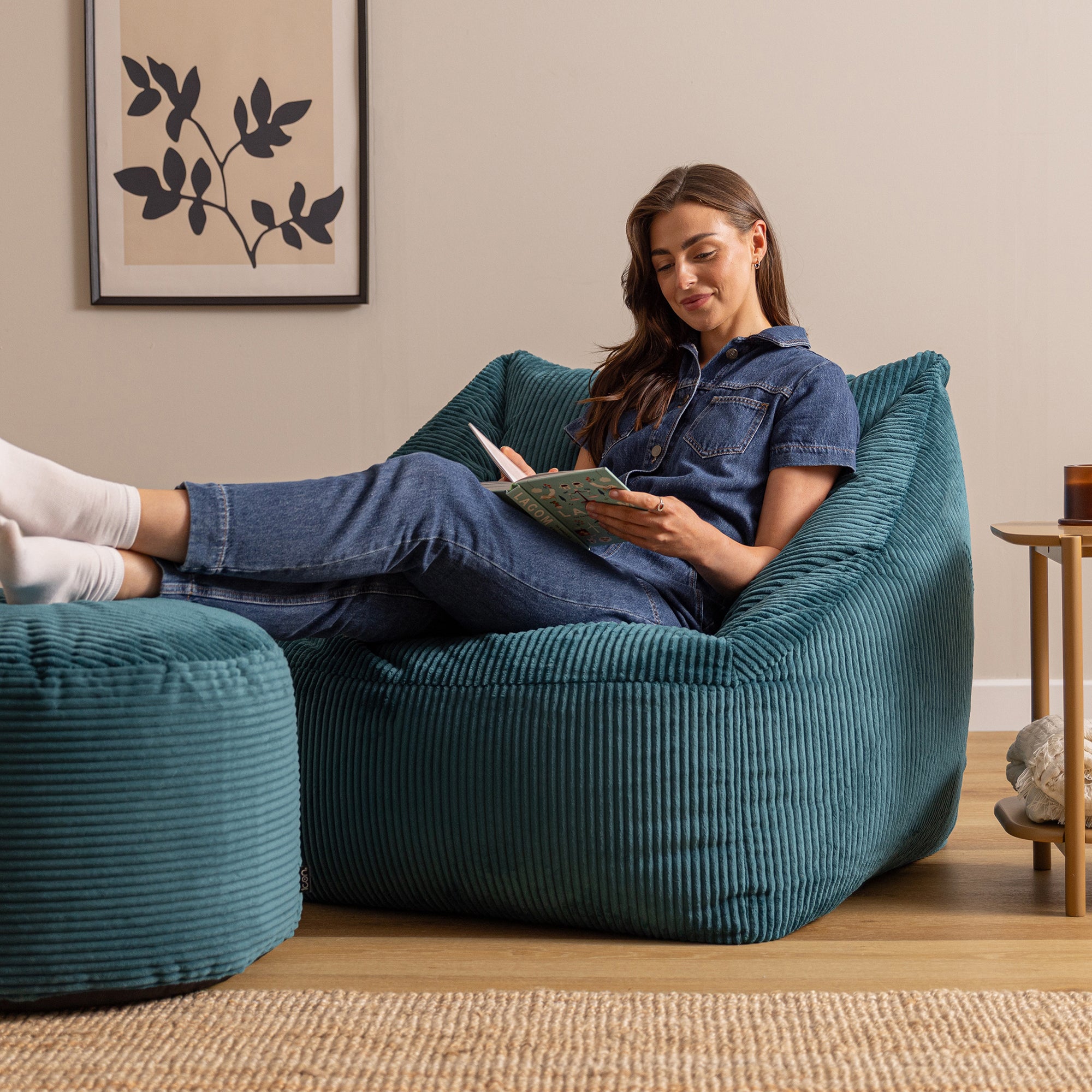 Pouf fauteuil avec repose-pied rond Icon velours côtelé bleu canard 97x84cm Oeko-Tex® - 3