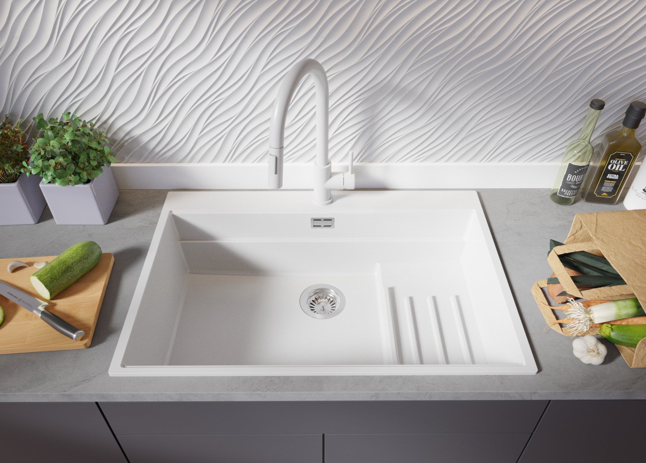 Evier Cuisine en Granit Blanc 78x53cm, Lavabo 1 bac + Kit de Vidage + Accessoires, Évier à Encastrer au meuble 80cm - Oslo Max PRIMAGRAN - 3