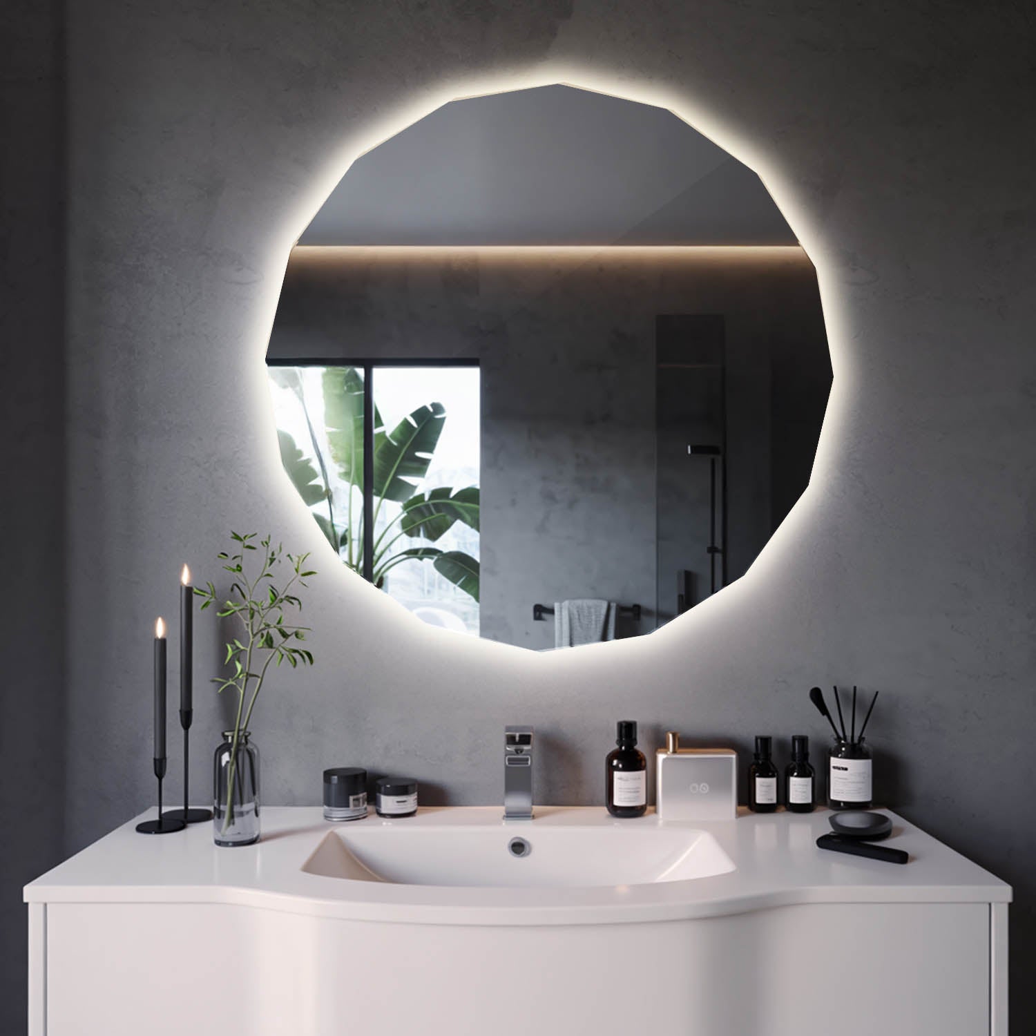 Miroir LED 50x50 cm – chaud, moderne, décoratif, élégant, éclairé, mural, grand, design, stylé | Wallfluent - 4