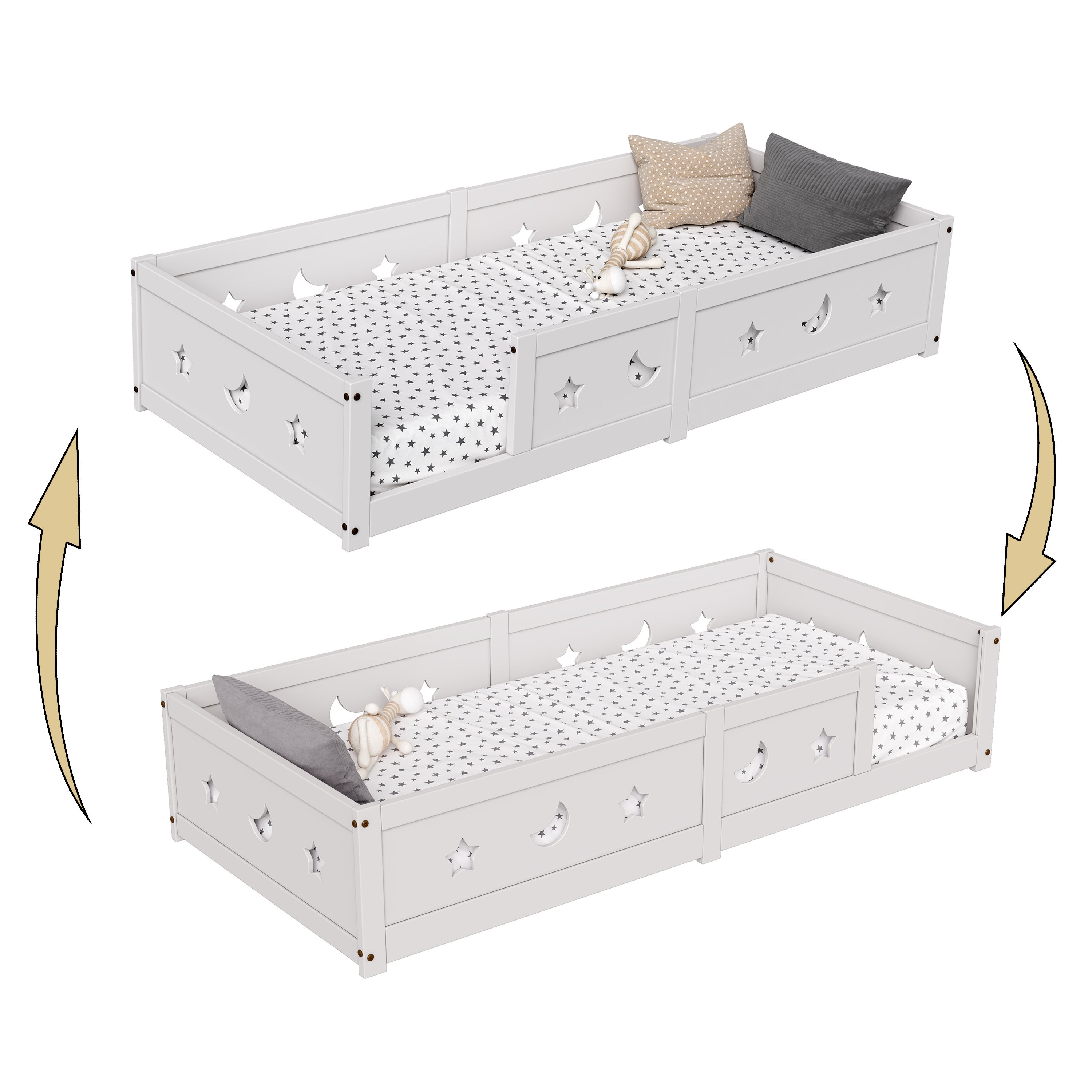 Lit au sol 90x200 cm, lit enfant avec barrière de sécurité, lit 1 personne, lit montessori, moderne, cadre de lit avec sommier, bois massif blanc - 3