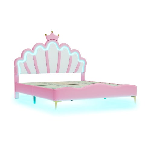 Lit Double Princesse Couronne Rose 140x200cm - Rembourré Cuir PU Doux Avec Bande LED Ambiance Réglable | Wuudi