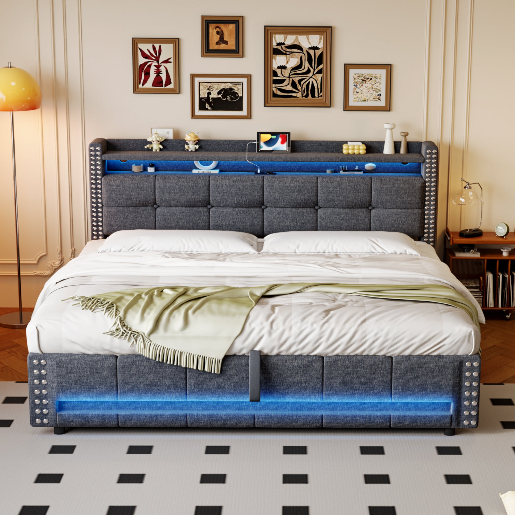 Cama con almacenaje de lino 160x200 cm - con LED y toma USB - con somier - Gris - 3