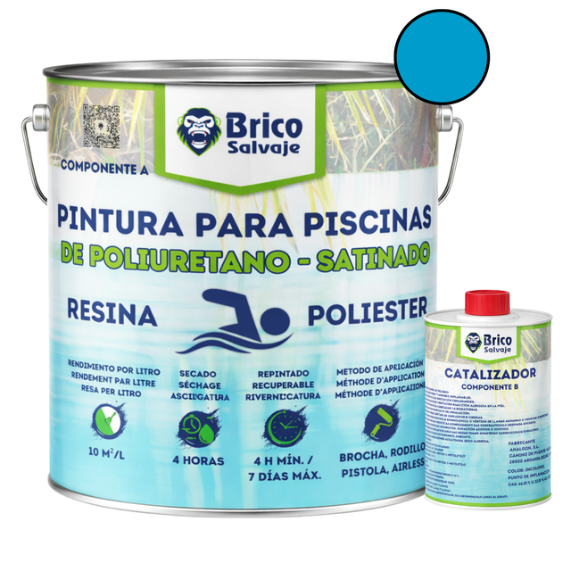Tinta para piscina em resina poliéster/poliuretano, 2 componentes | Azul | Acabamento acetinado | Kit com 5 + 0,75 kg