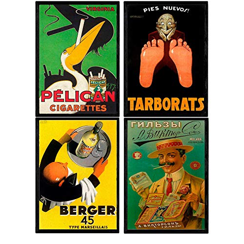 Posters vintage. set de cuatro láminas con anuncios antiguos. cartel vintage de tabaco y vermut. sin marco - a3