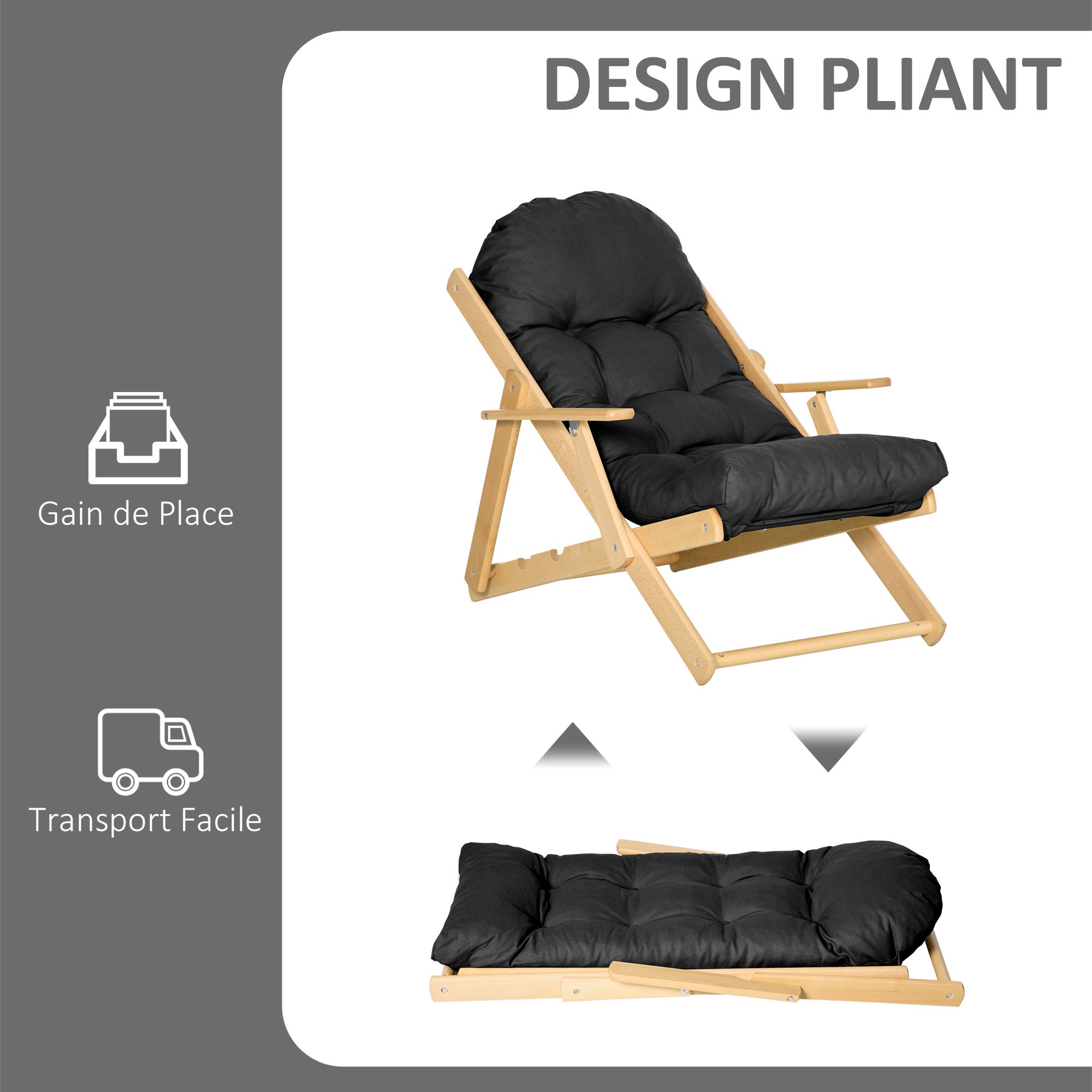 Fauteuil et méridienne de salon pliables et inclinables en bois, fauteuil confortable et relaxant avec coussin épais capitonné - 7
