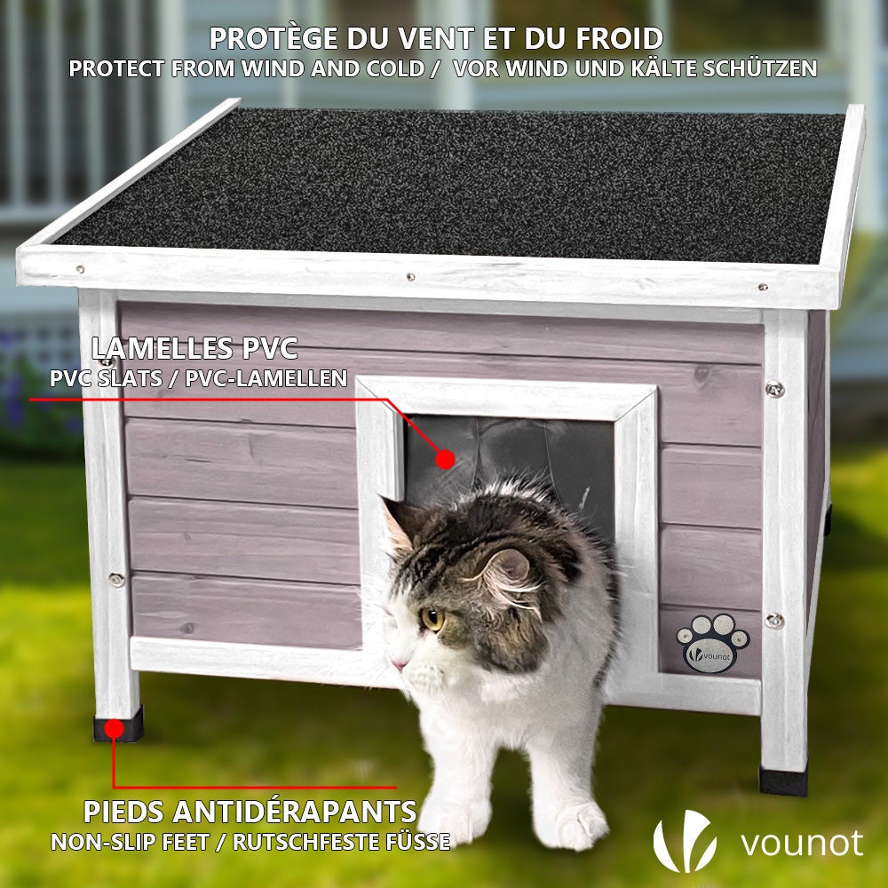 Maison pour chat niche en bois gris - toit bitumé autoportant et incliné - porte à lamelles - fenêtre en plexiglas - VOUNOT® - 3