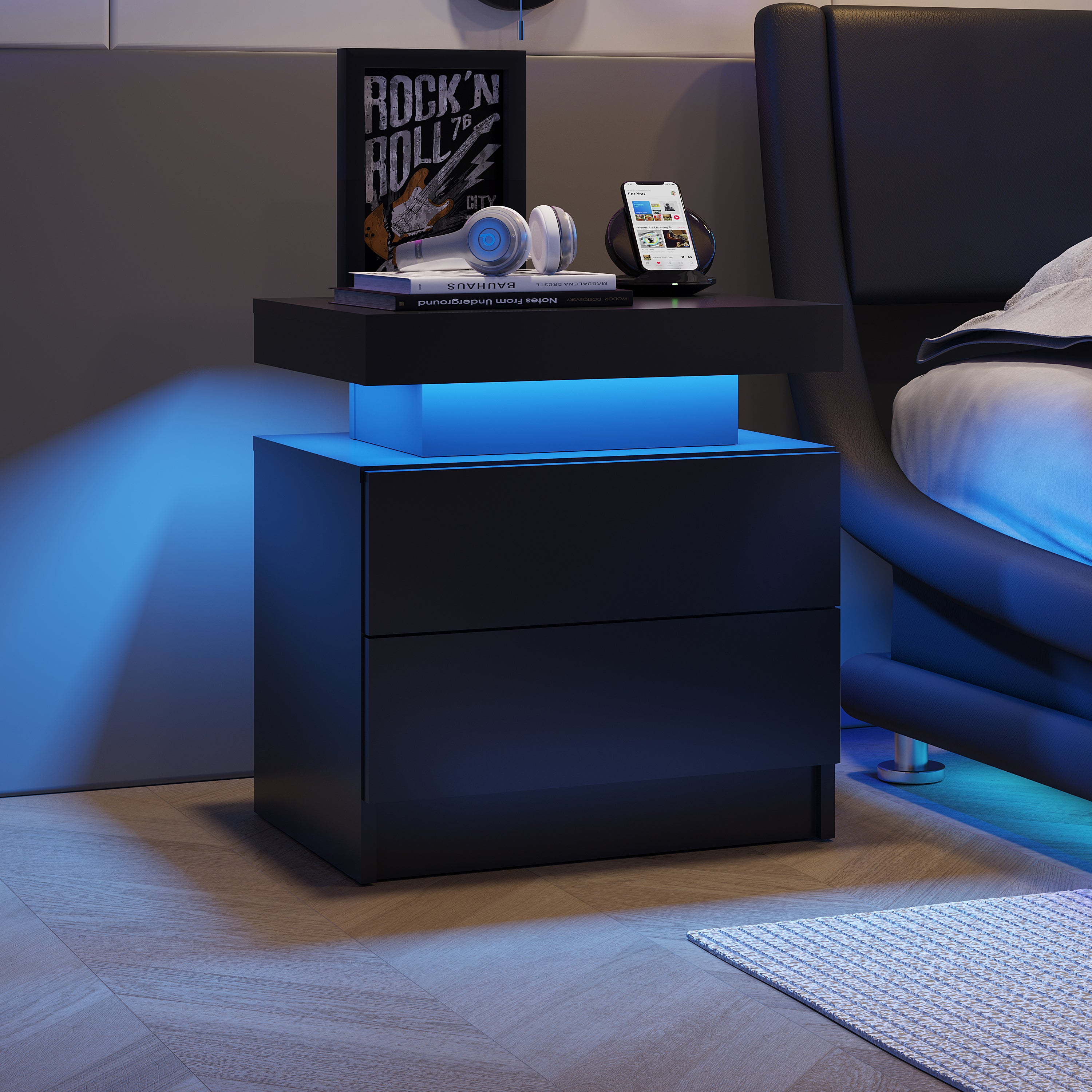 Armoire TV Moderne Avec éclairage LED - 200x35x45 Cm, 3 étagères En Verre, 2 Tiroirs, Noir Brillant
