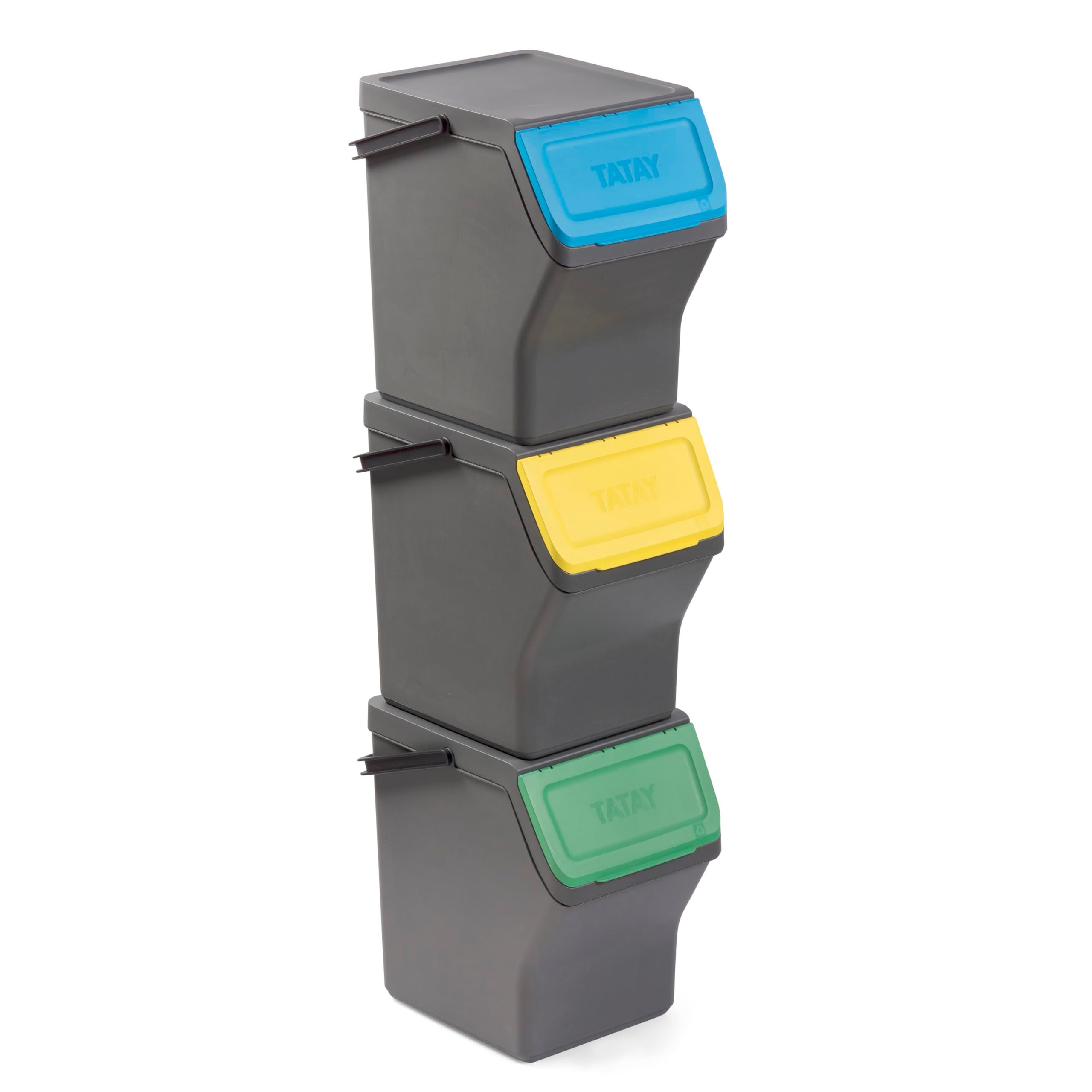 Set 3 Cestini Impilabili TATAY 20L Con Coperchio - Grigio, Per Spazzatura O Ripostiglio