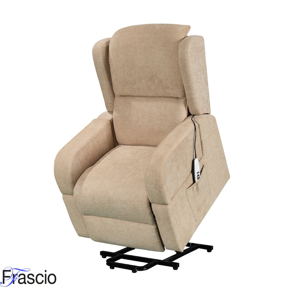 Sillón elevador reclinable de tela beige con mesa de centro y reposabrazosíbles - frascio