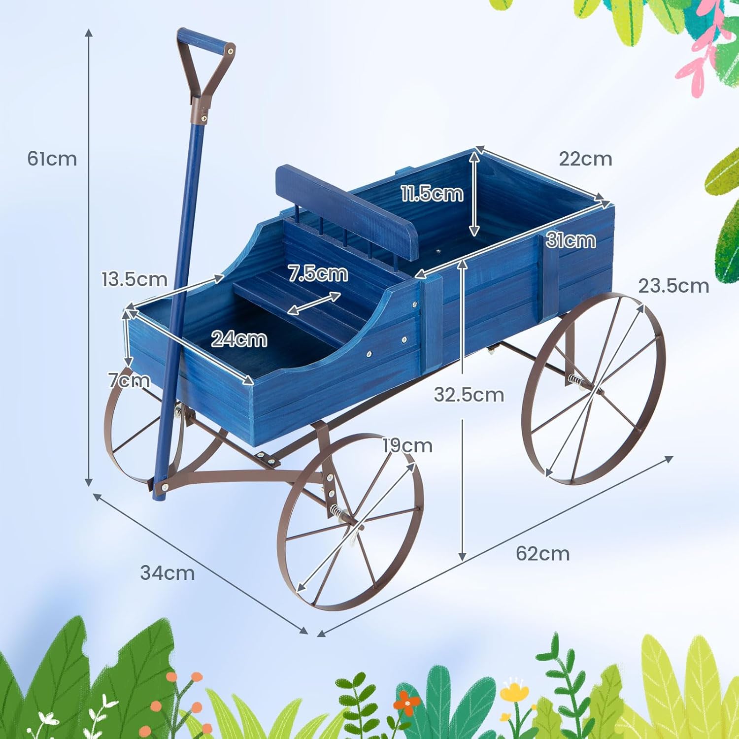 Brouette Décorative en Bois avec 2 Compartiments à Planter Roues Métalliques et Poignée à l'avant Charge 15kg pour Cour Jardin Véranda (Bleu) - 5