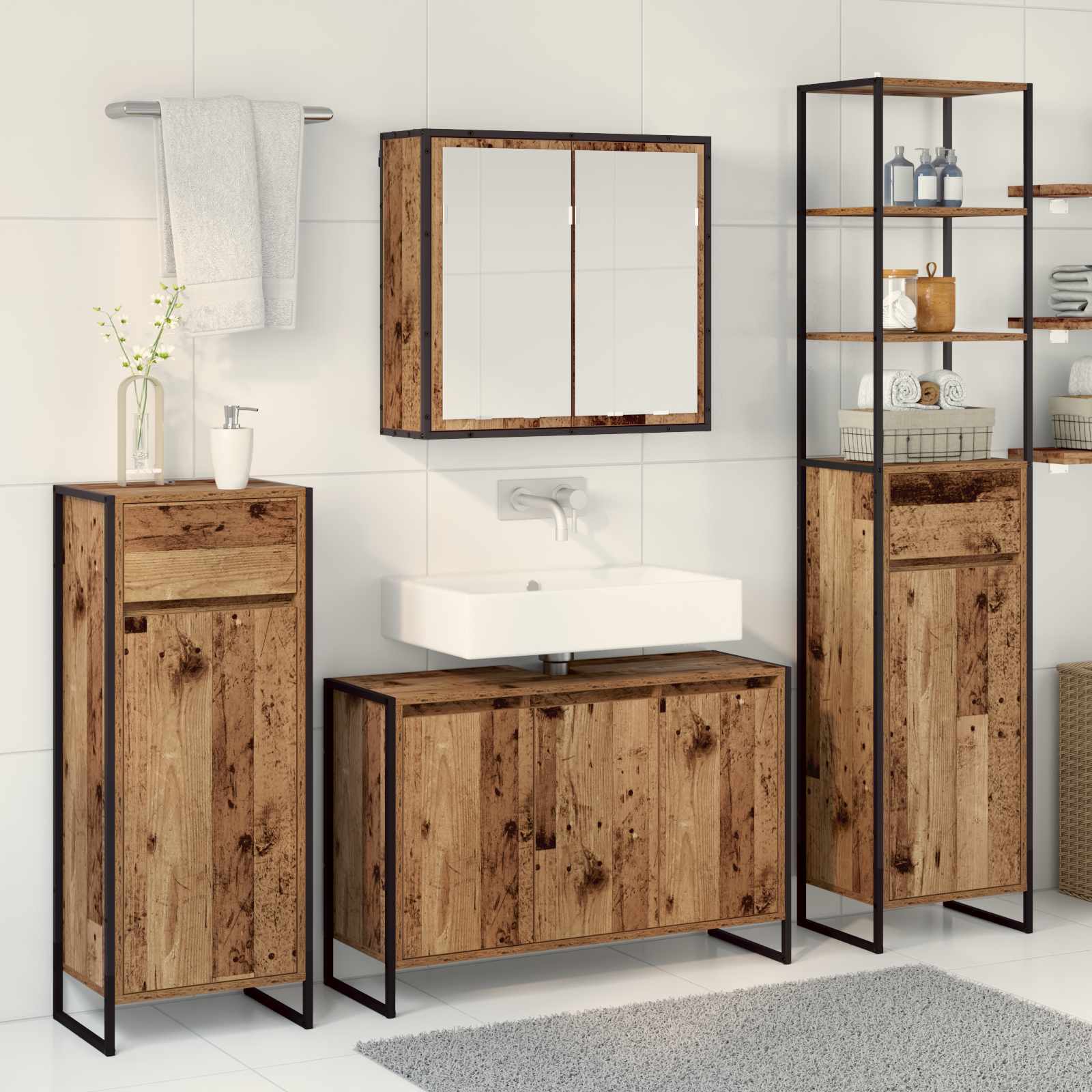 Ensemble de mobilier de salle de bain 4 pc Bois ancien - 4