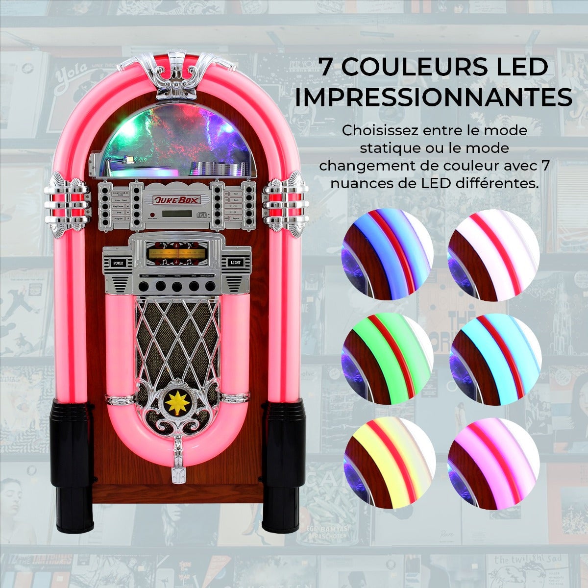 MonsterShop – Jukebox Style Rétro Années 50 à Eclairages LED Couleurs Changeantes avec Port USB, Bluetooth, AUX, Lecteur - 6