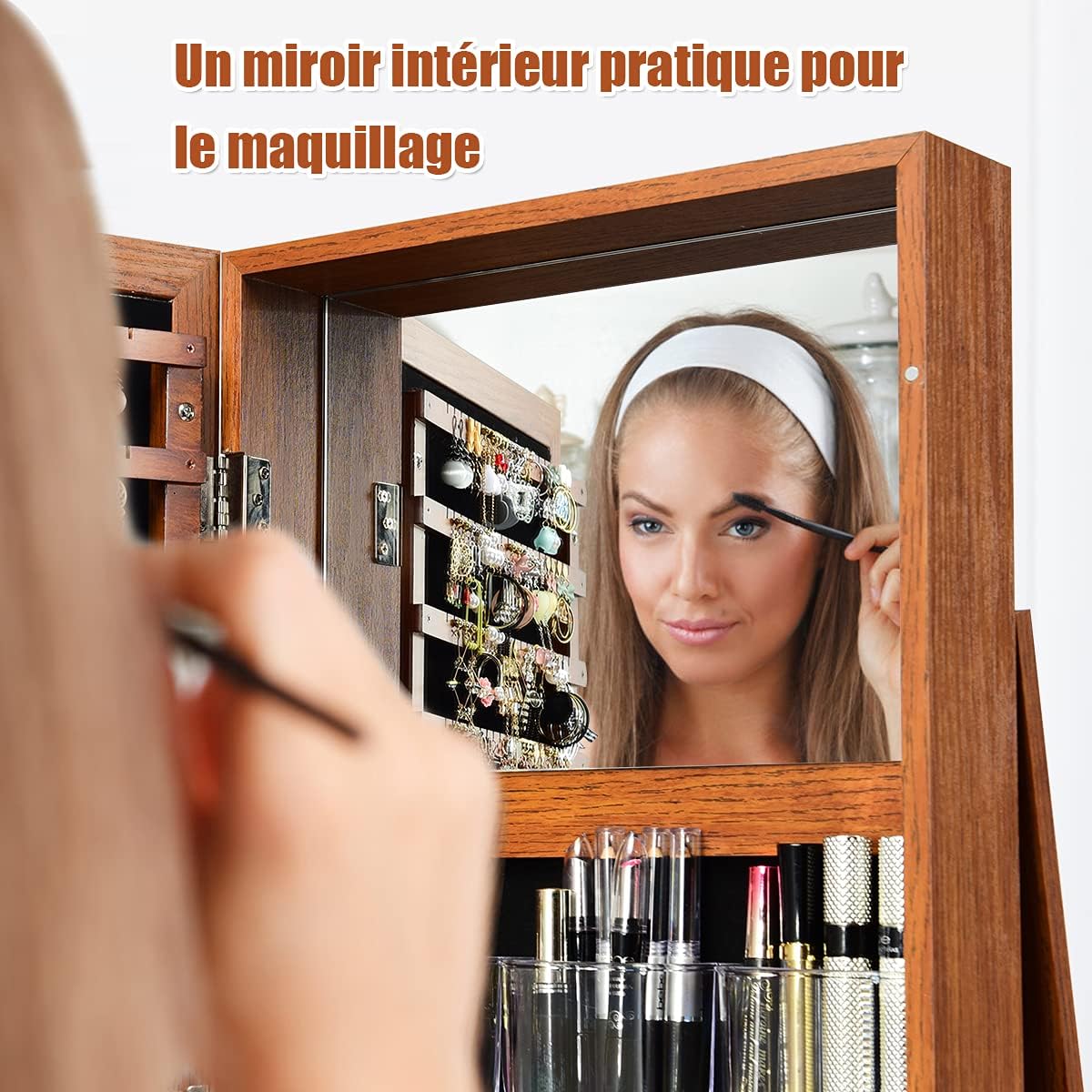 Armoire à Bijoux Pivotante à 360 Degrés sur Pieds,avec Grand Miroir Psyché et Etagère de Rangement à L’Arrière (Marron) - 7