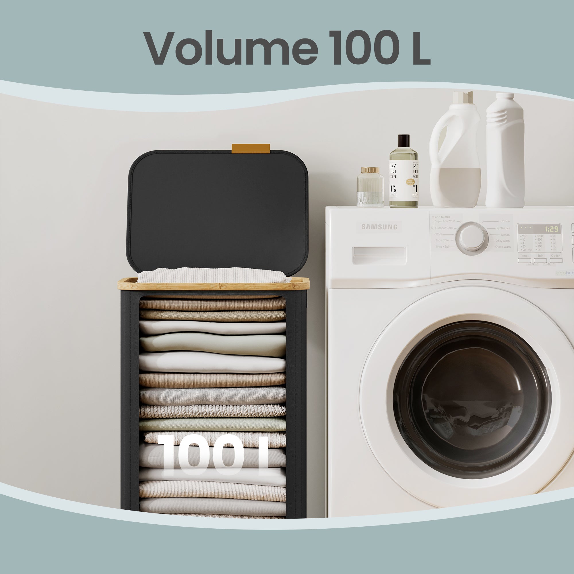 Panier à Linge Pliable en Tissu Oxford, Cadre en Bambou, pour Chambre, Buanderie, 100 L, Noir - 4