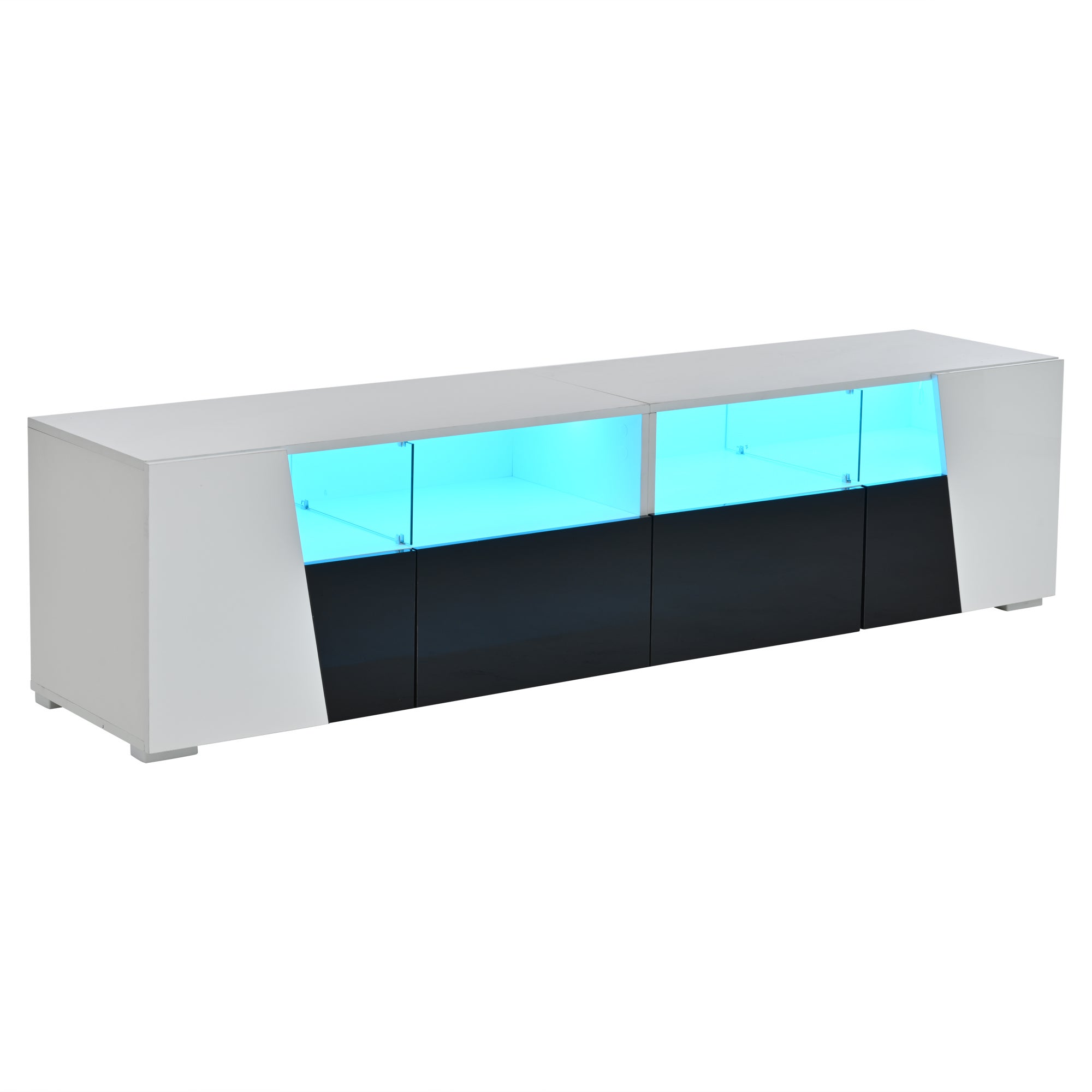Meble pod TV 180x38,5x45 cm - z oświetleniem LED - 2 szuflady i 2 fronty - Otwarte półki - Błyszczące wykończenie - Biały + czarny - 6