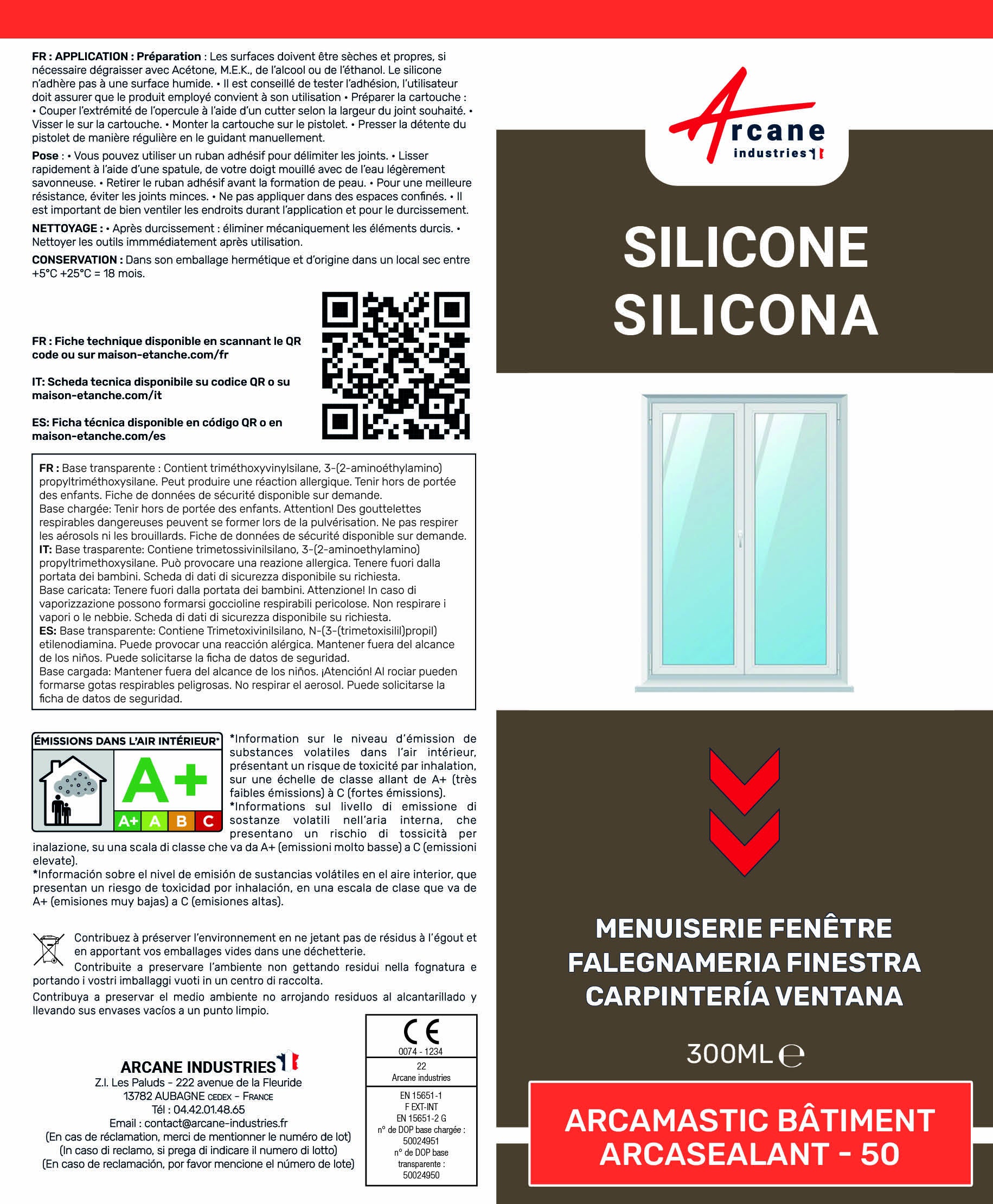 Mastic Silicone intérieur / extérieur pour fenêtres et menuiseries : ARCAMASTIC BATIMENT Transparent - 300 ml x 3 - ARCANE INDUSTRIES - 6